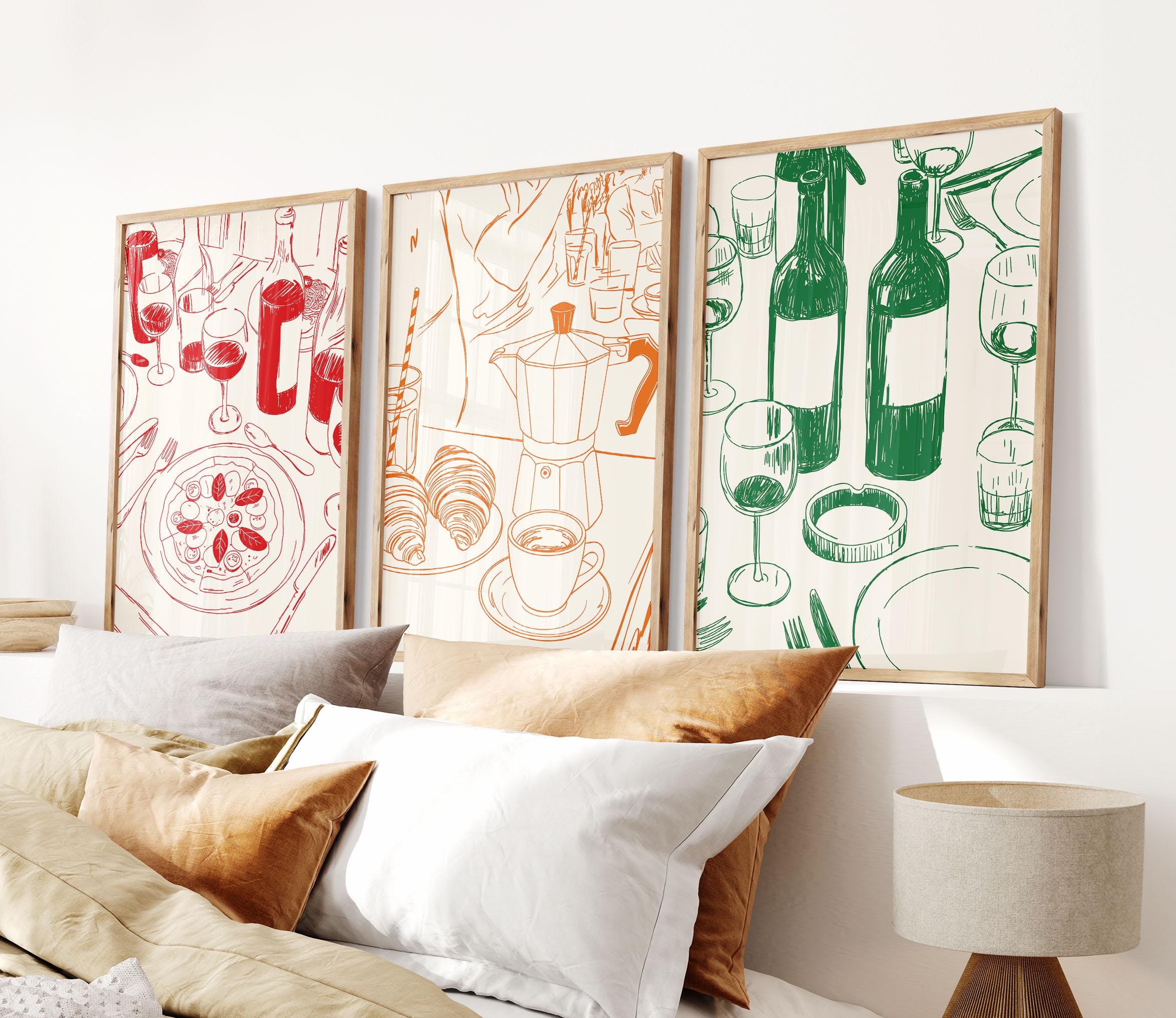 Set di 3 poster, stampe artistiche da parete per cucina alla moda, stampe artistiche per cene retrò, stampe artistiche di cibo e vino, decorazioni per