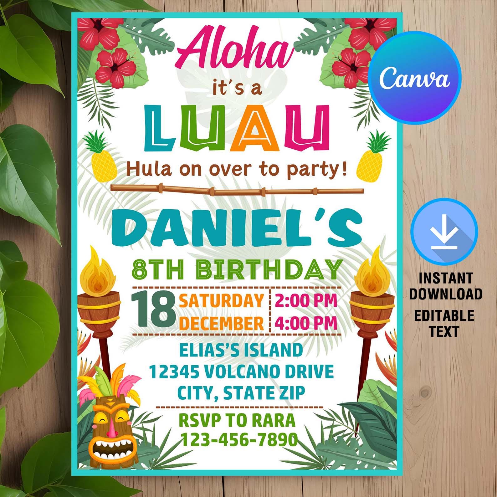 Invito di compleanno Aloha Luau, invito di compleanno Luau, compleanno hawaiano Luau, invito Luau, download immediato, modificabile, modello Canva