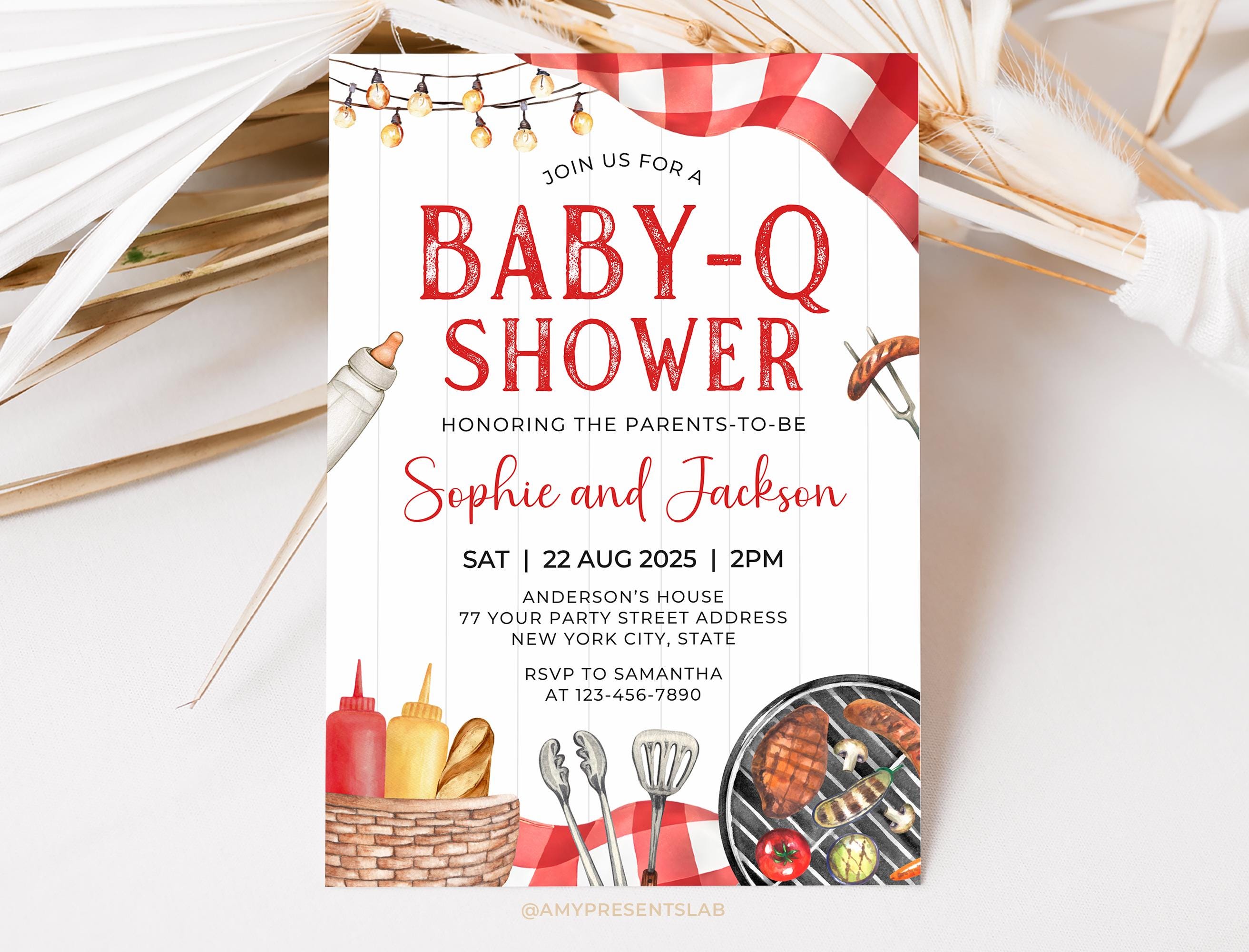 Invito modificabile per baby shower Baby-Q, invito per baby shower Baby-Q in giardino, invito per baby shower Baby-Q, inviti per baby barbecue, 5x7 Ca