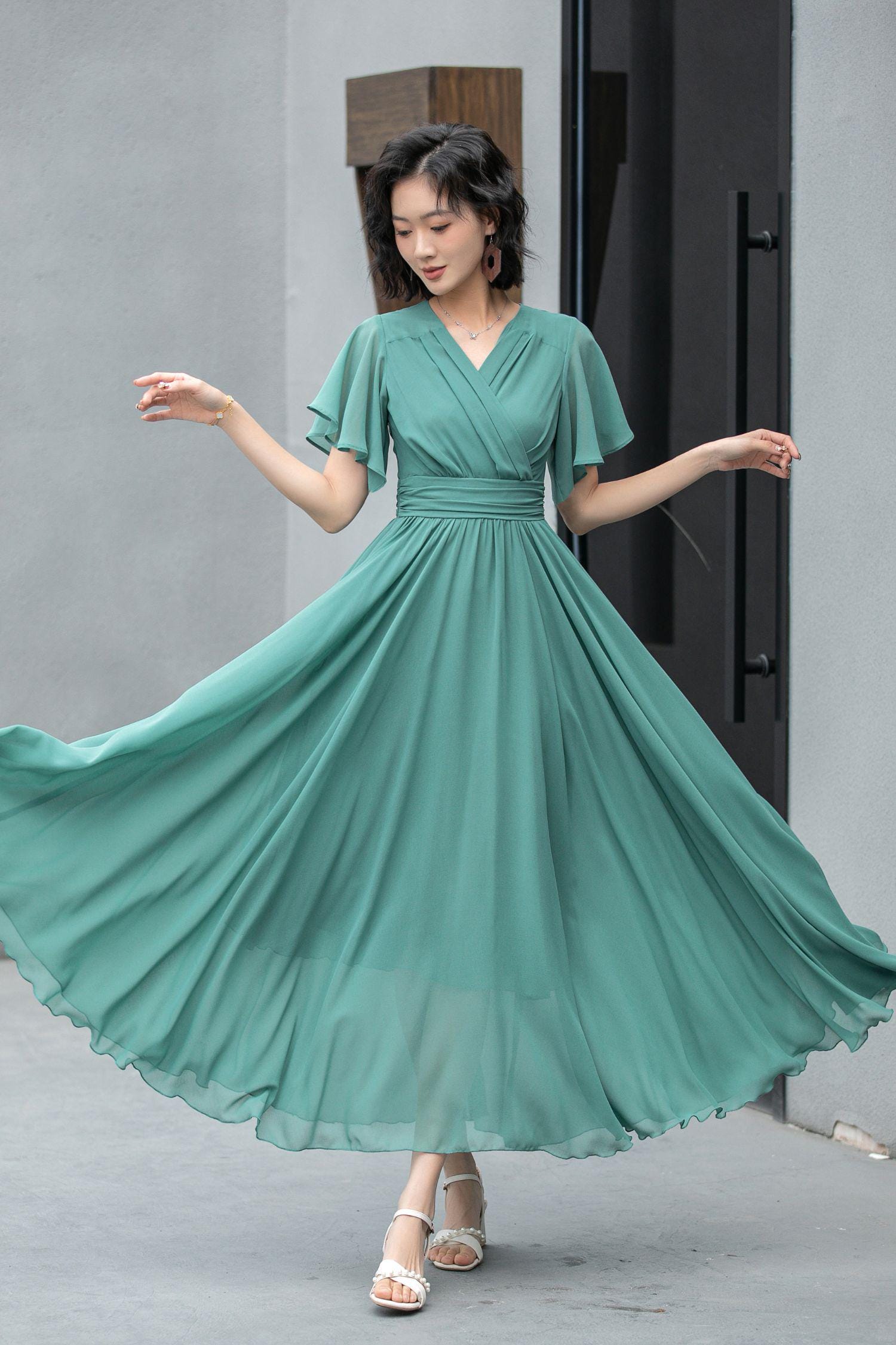 Abito lungo in chiffon verde, abito estivo in chiffon boho da donna, abito in chiffon con vita impero, abito aderente e svasato, abito corto, xiaolizi