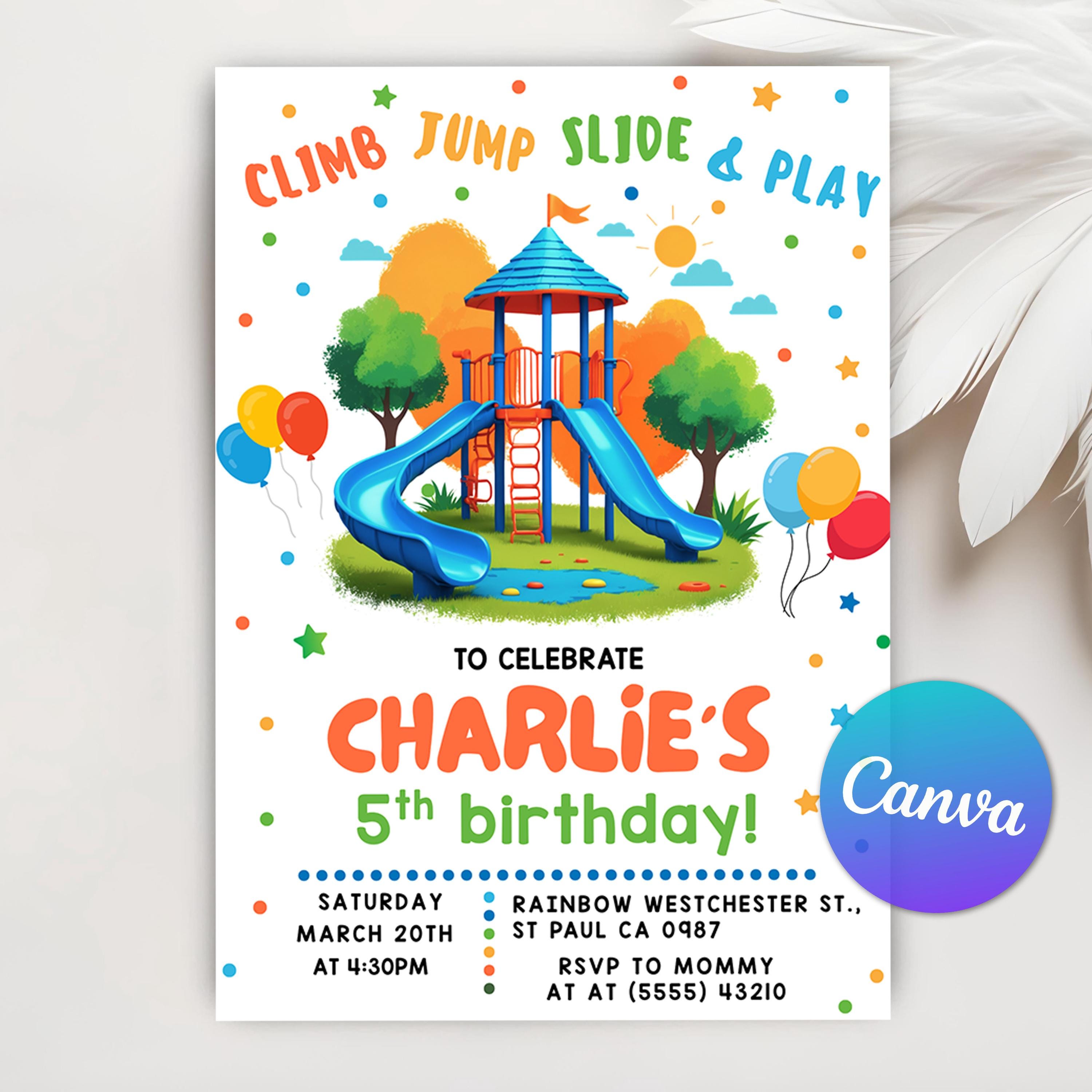 Invito di compleanno per parco giochi, invito di compleanno per festa al parco all'aperto, festa nella giungla, corsa, salto, scivolo, gioco, modello