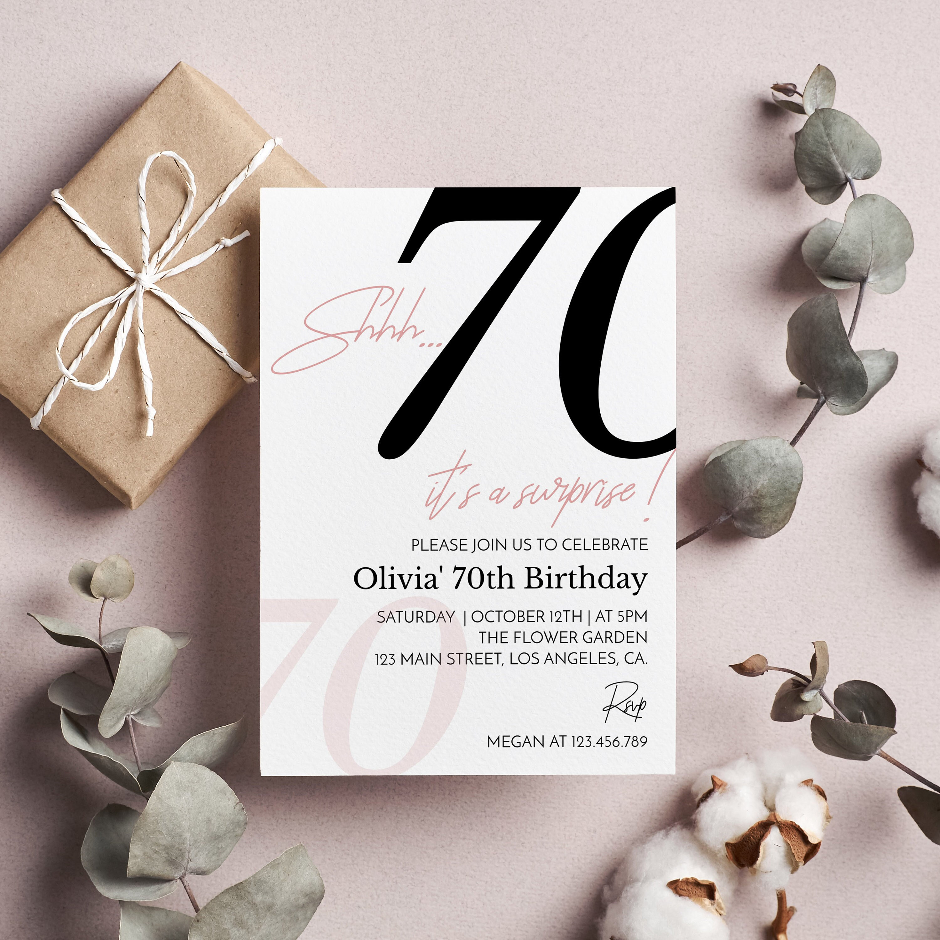 "Invito \"Shhh, è una sorpresa\", invito per il 70o compleanno per donne, invito per compleanno adulti, invito per compleanno a sorpresa, modello modific"