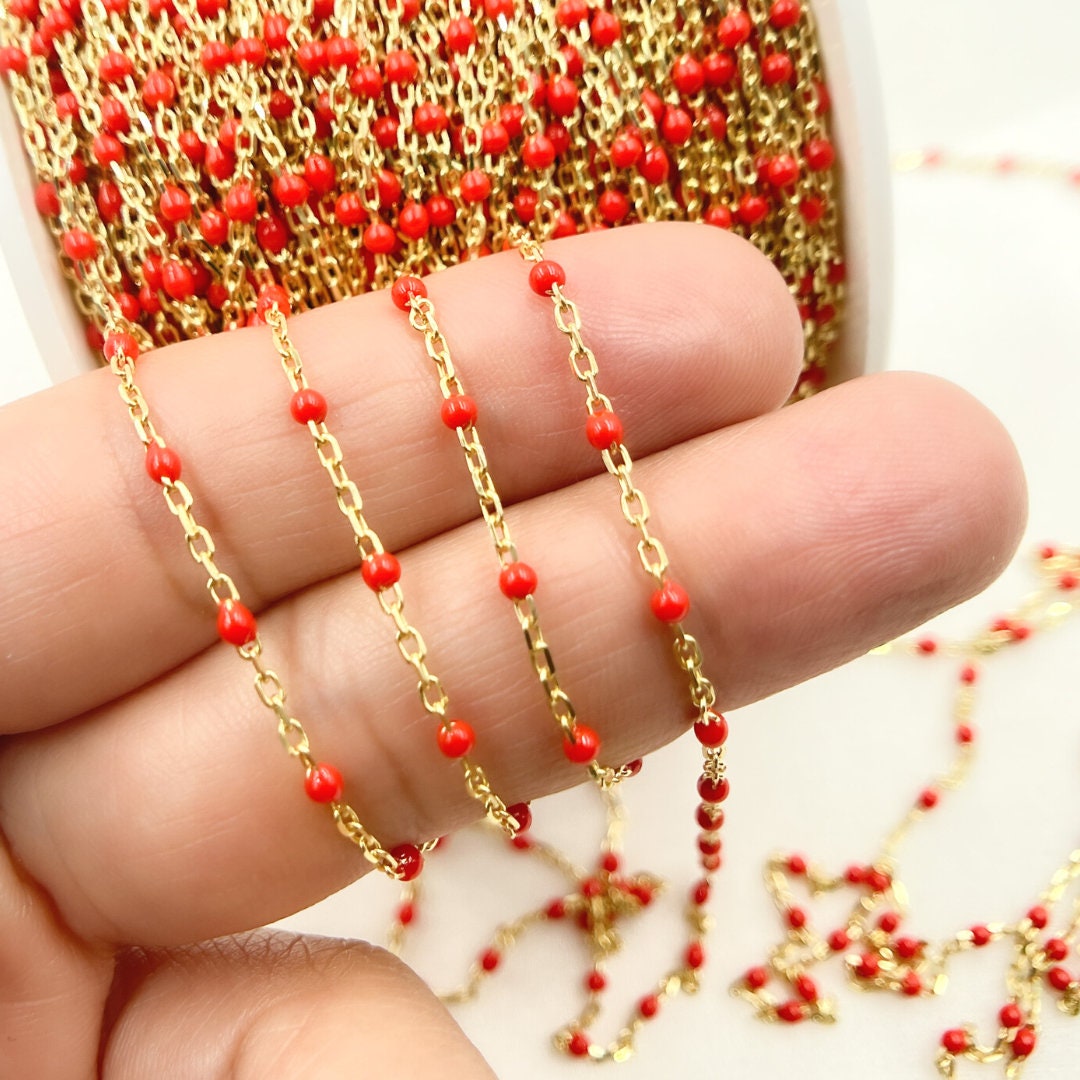 Catena in argento sterling 925 placcato oro, 2 maglie da 1 mm, catena a maglie piatte in smalto rosso, catena satellite placcata oro. V203RDGP