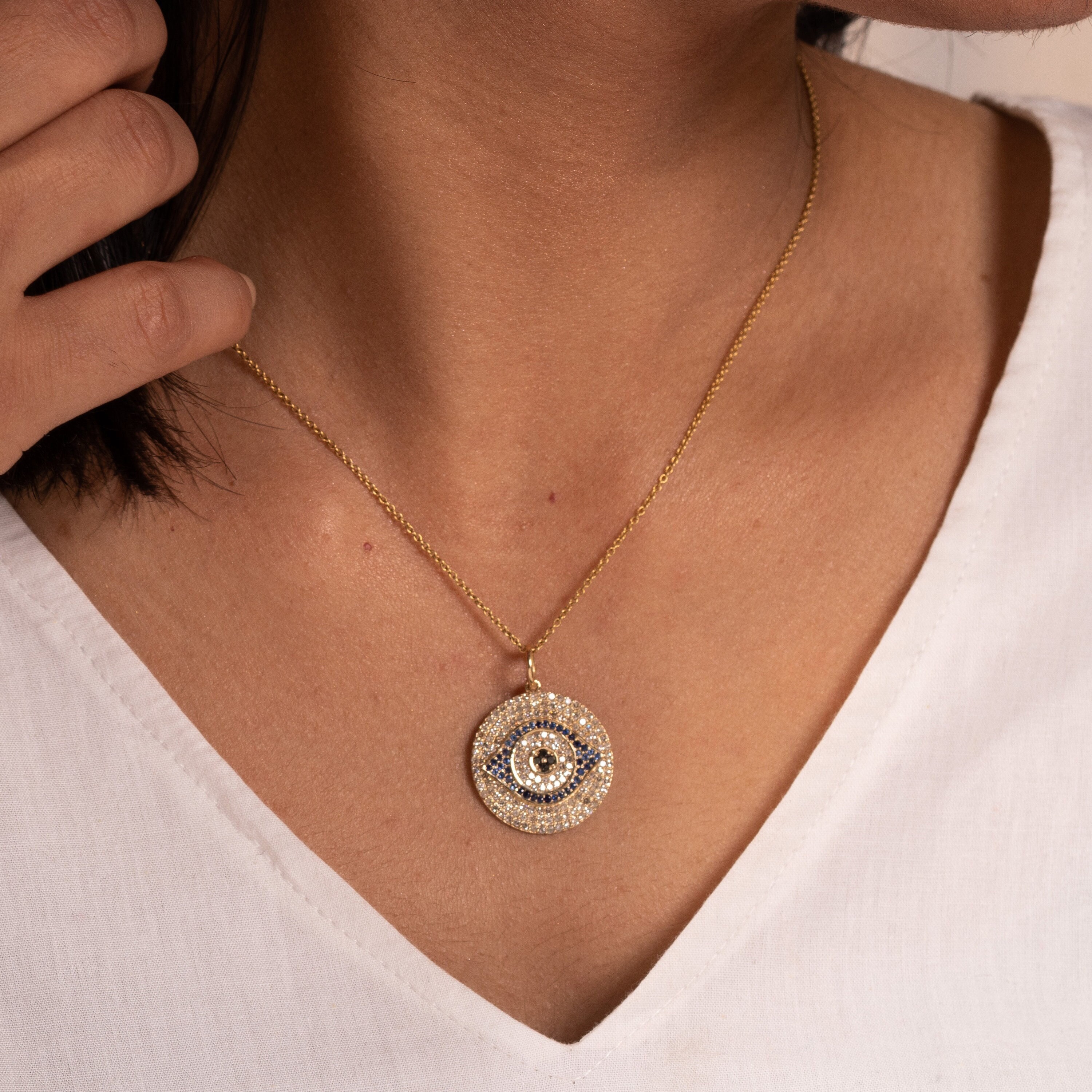 Ciondolo con zaffiro e diamanti in oro 14 carati/Pavé di diamanti/Collana con occhio di Allah e diamanti/Collana con ciondolo di smeraldo e rubino/Reg