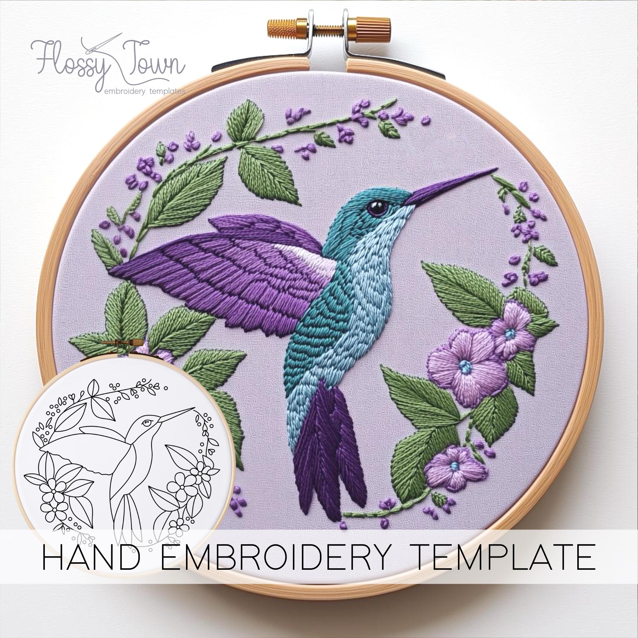 Modello di ricamo colibrì (SENZA GUIDA AL PUNTO) Modello di ricamo a mano di uccelli, ricamo moderno, grazioso motivo di ricamo di uccelli Fiori