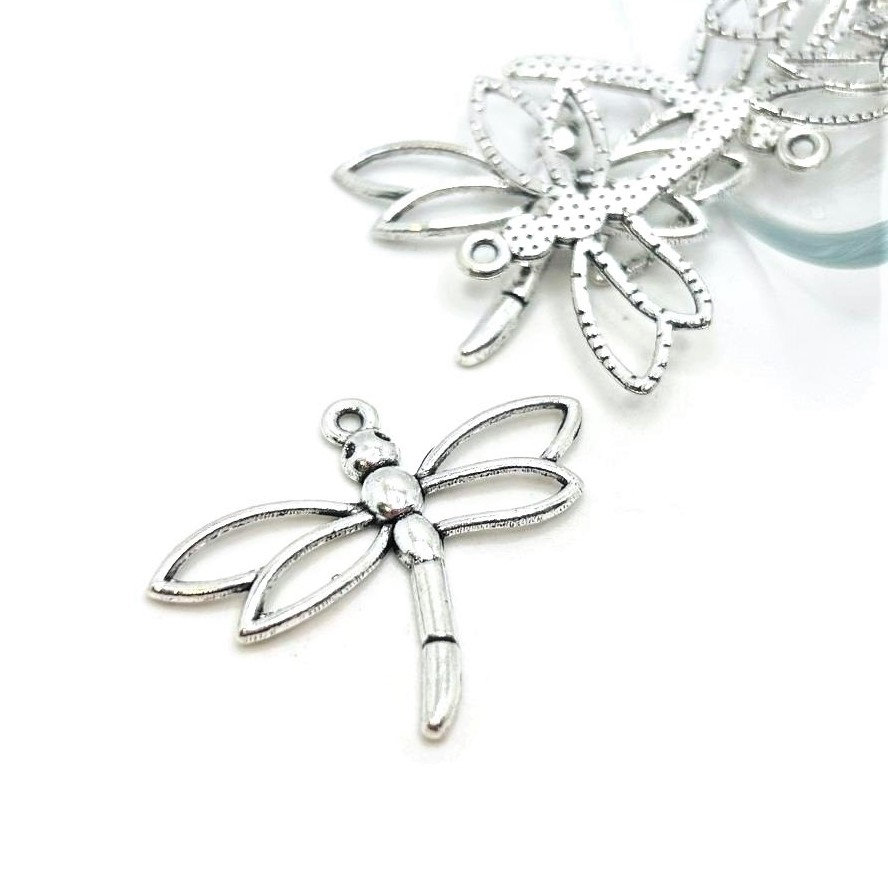 4, 20 o 50 ciondoli a forma di libellula in argento sfusi, connettore a forma di libellula, ala cava, ciondolo a forma di insetto in argento, 32 x 27