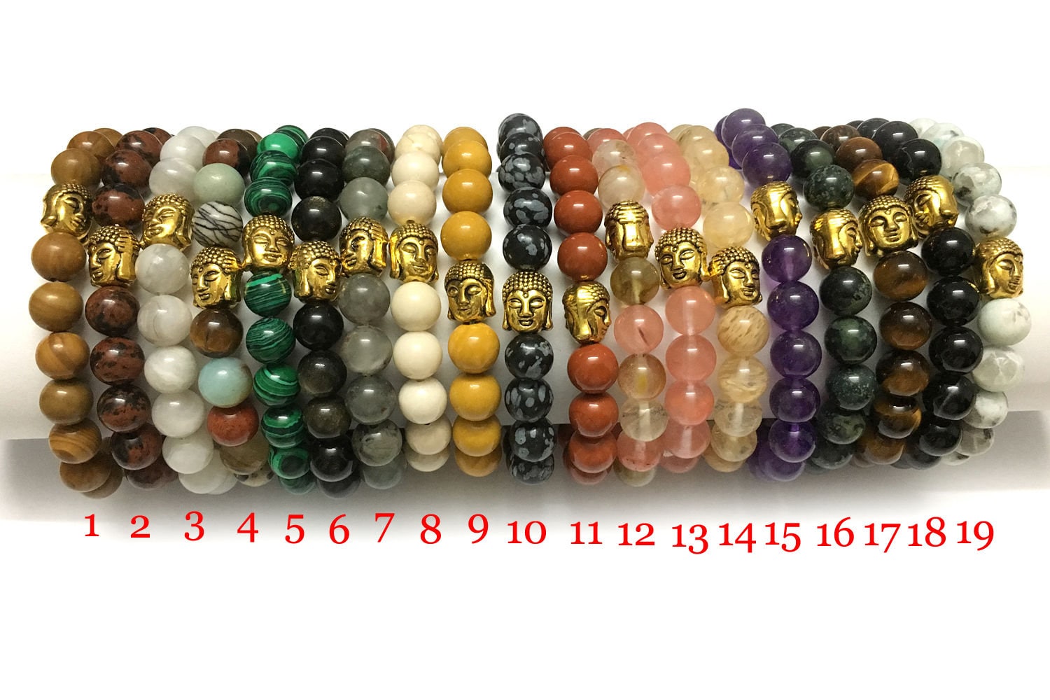 Bracciale da donna, bracciale da uomo, bracciale con perline di pietra, bracciale con perline di Buddha in oro, 8 mm, 7''