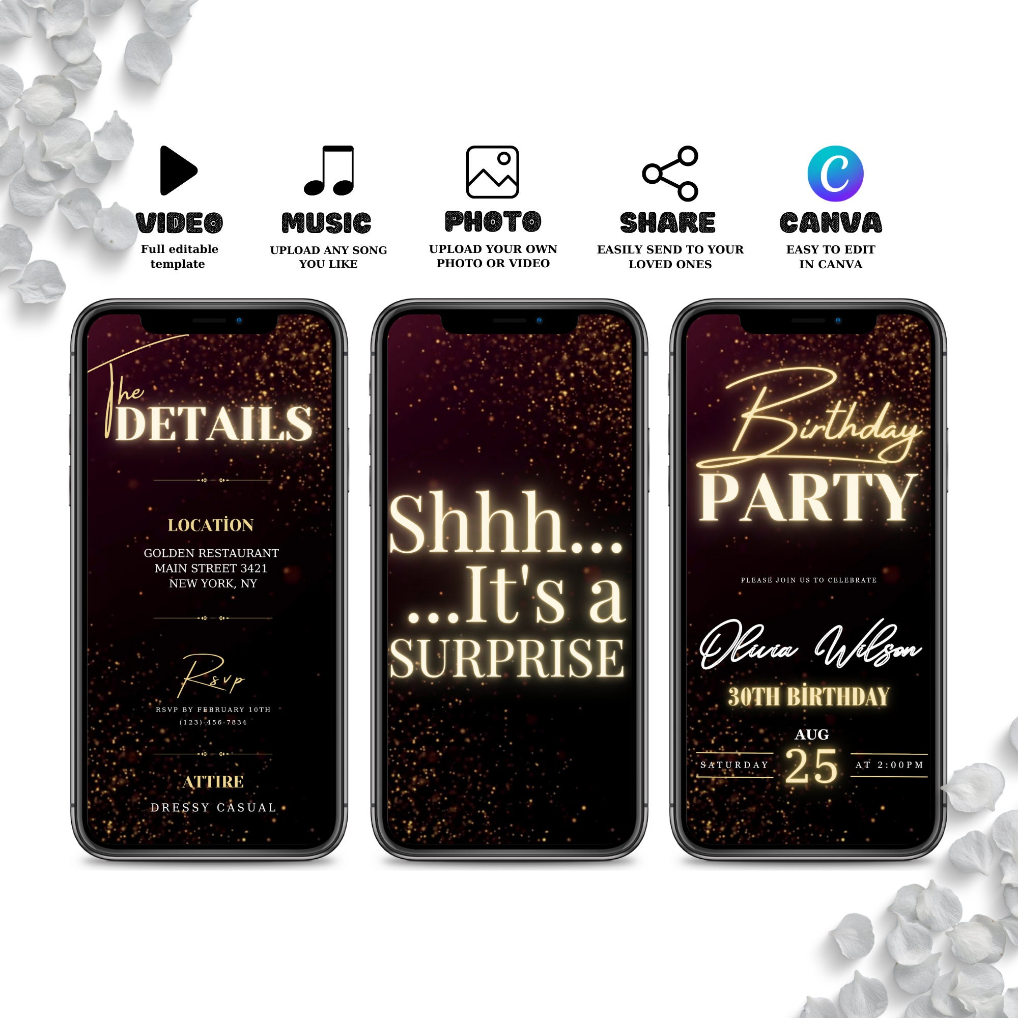 Invito per festa a sorpresa Shhh, invito di compleanno animato digitale, invito Shhh Its A Surprise, invito di compleanno a sorpresa, invito telefonic