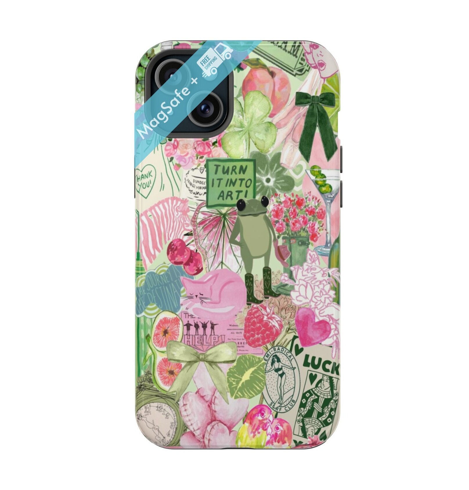 Custodia per telefono con collage di rana verde e civetta, MagSafe, cover per iPhone rosa MagSafe, estetica preppy, custodie per iPhone 16 15 14 13 Pr