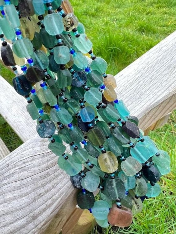 Perline di monete grosse in vetro romano, perline naturali invecchiate, blu, verde acqua / Perline antiche rare / Perline antiche uniche e bellissime