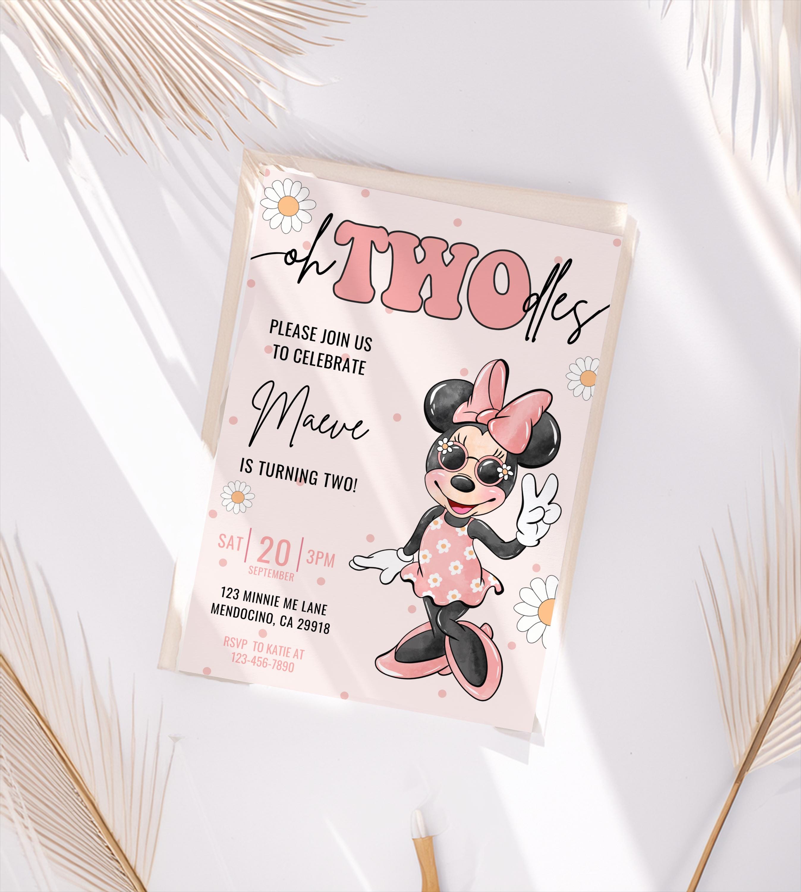 Invito di compleanno Oh Twodles, festa di Minnie, invito Oh Twoodles, modello digitale istantaneo per il 2o compleanno di Minnie Girl, acquerello rosa