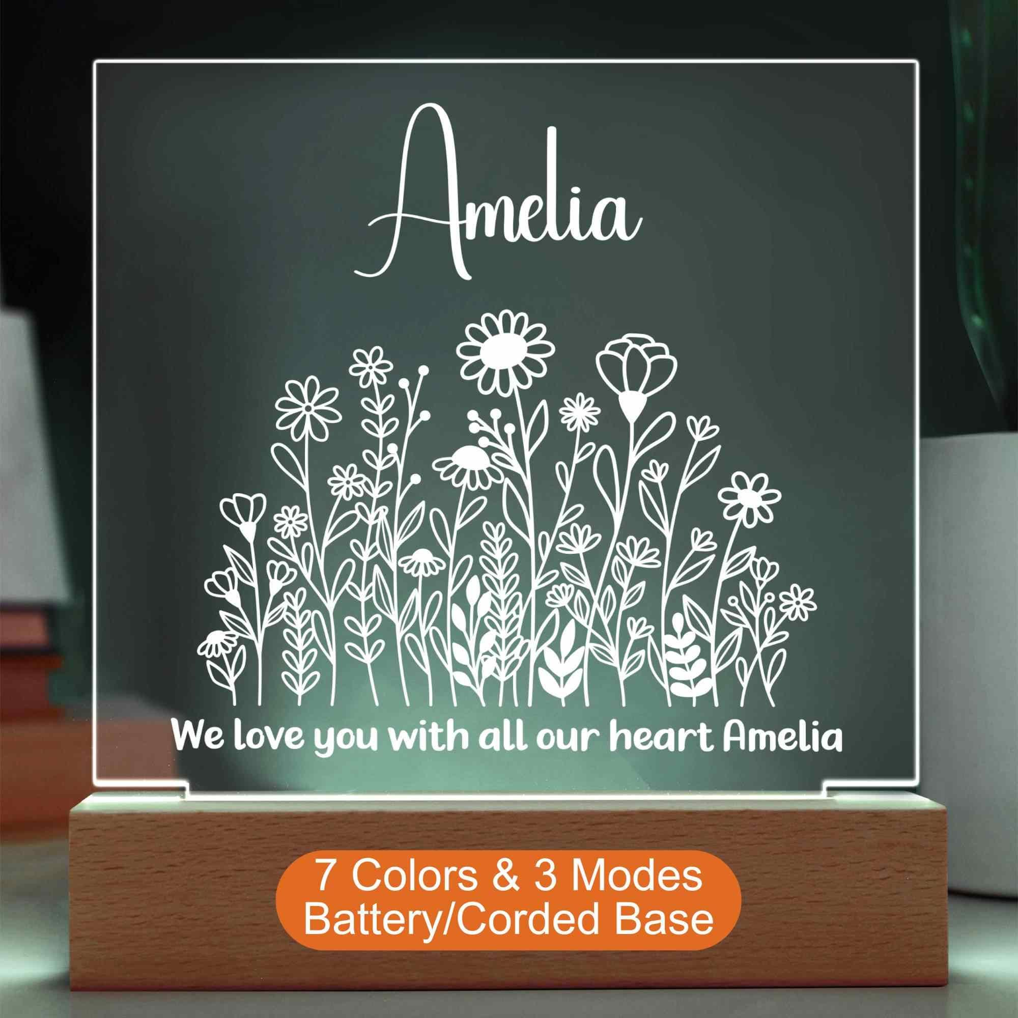 Targa in acrilico personalizzata con luce LED a forma di fiore, targa personalizzata con nome, lampada da comodino, luce notturna personalizzata, lamp