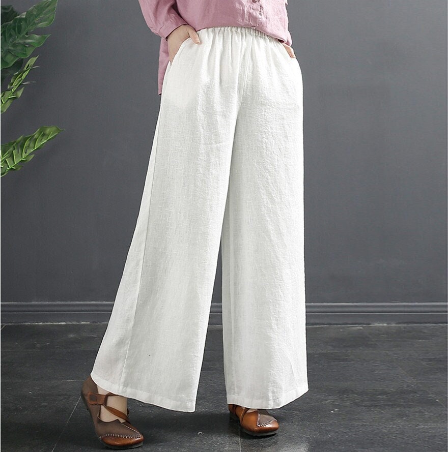 Pantaloni a gamba larga da donna, pantaloni di lino, pantaloni estivi di lino, elastico in vita con tasche, pantaloni vintage 100% lino, pantaloni per