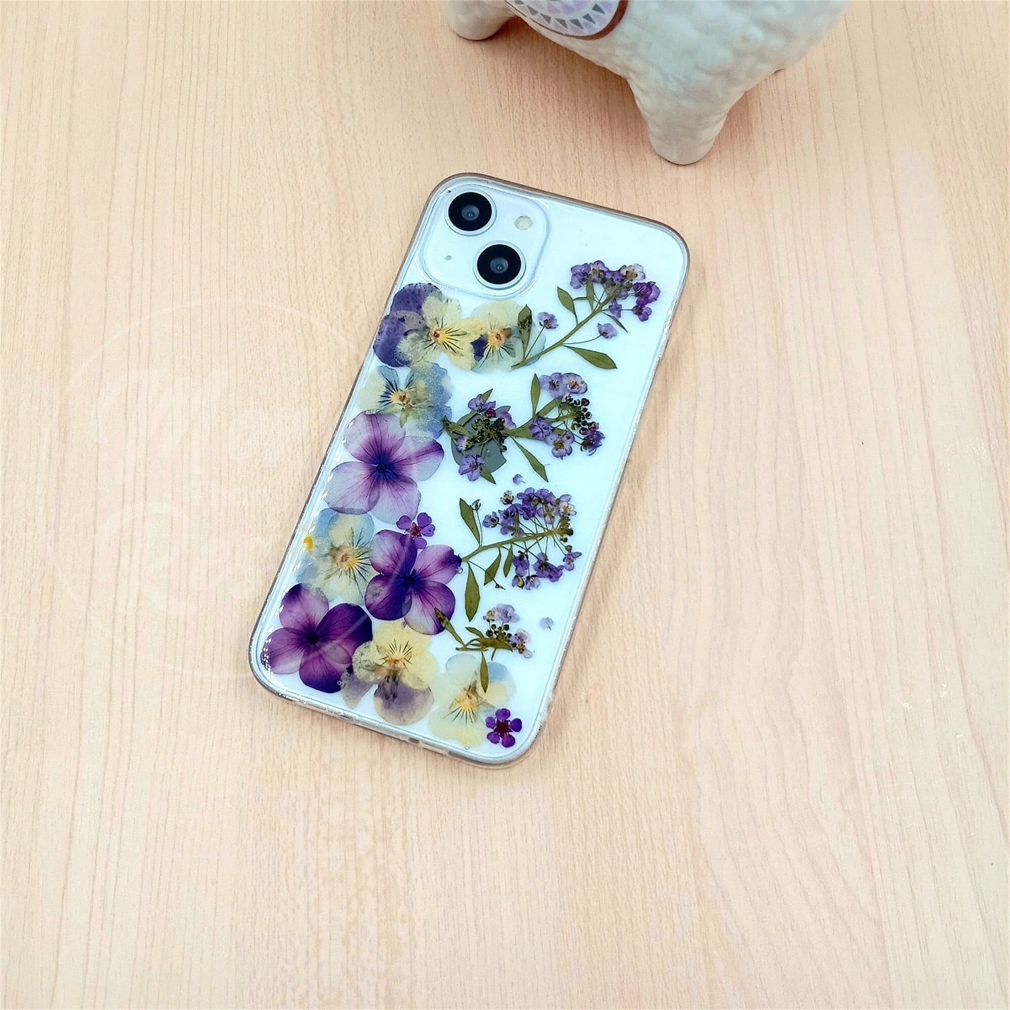 Cover per telefono con veri fiori viola pressati per iPhone 17 16 15 14 Pro Max Air 16e 17e, Samsung S26 S25 Ultra A16, Google Pixel 9 10 Pro