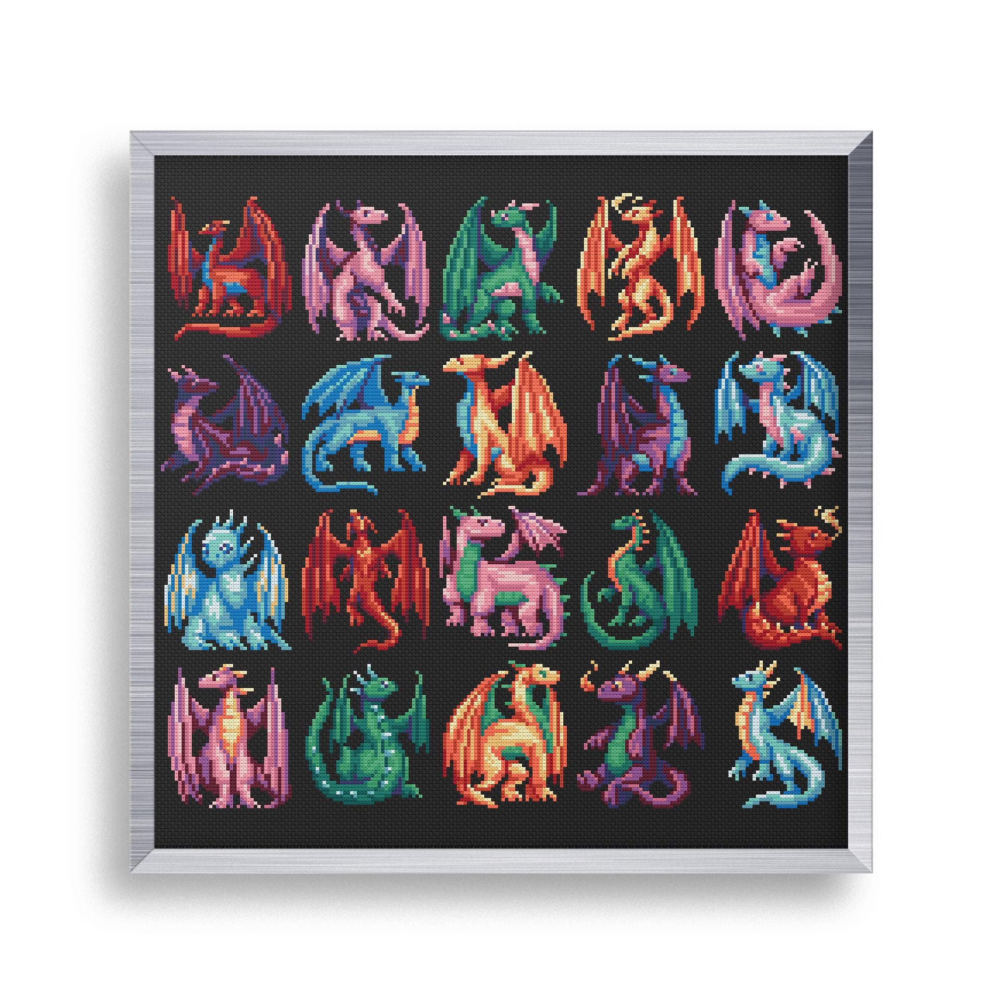 20 mini schemi punto croce draghi, piccolo schema punto croce drago, piccolo schema punto fantasia creatura, punto croce DND