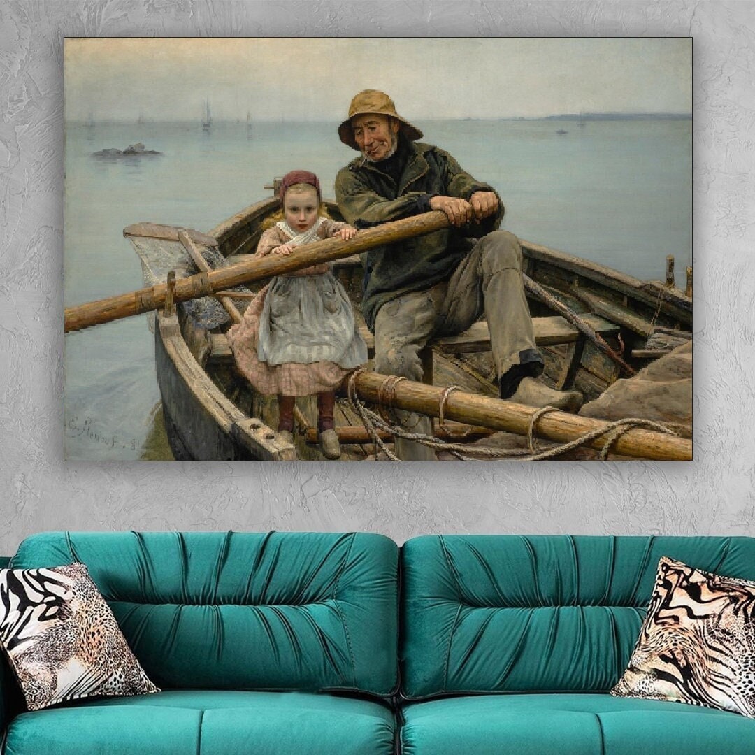 Mano che aiuta, 1881, Emile Renouf, Vecchio pescatore che aiuta una giovane ragazza a remare sulla barca, stampa su tela, opera d'arte Mano che aiuta,