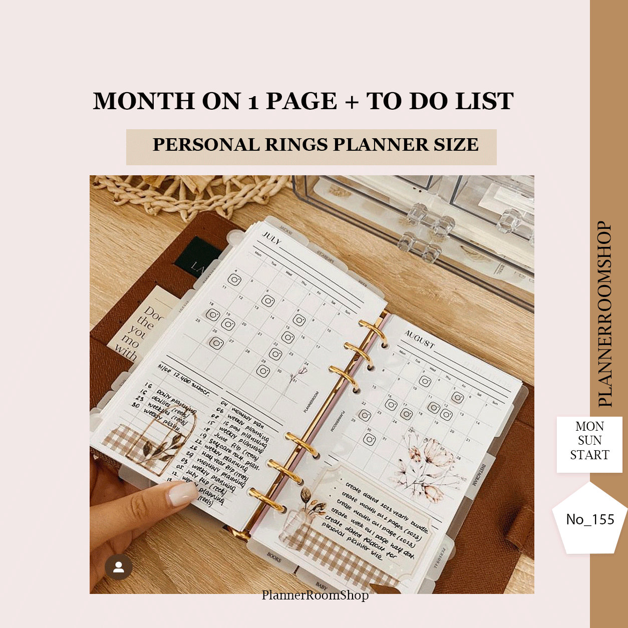Inserti pianificatore mensile stampabile, Mese su 1 pagina per dimensione pianificatore personale, Calendario non datato con attività e da fare, 155