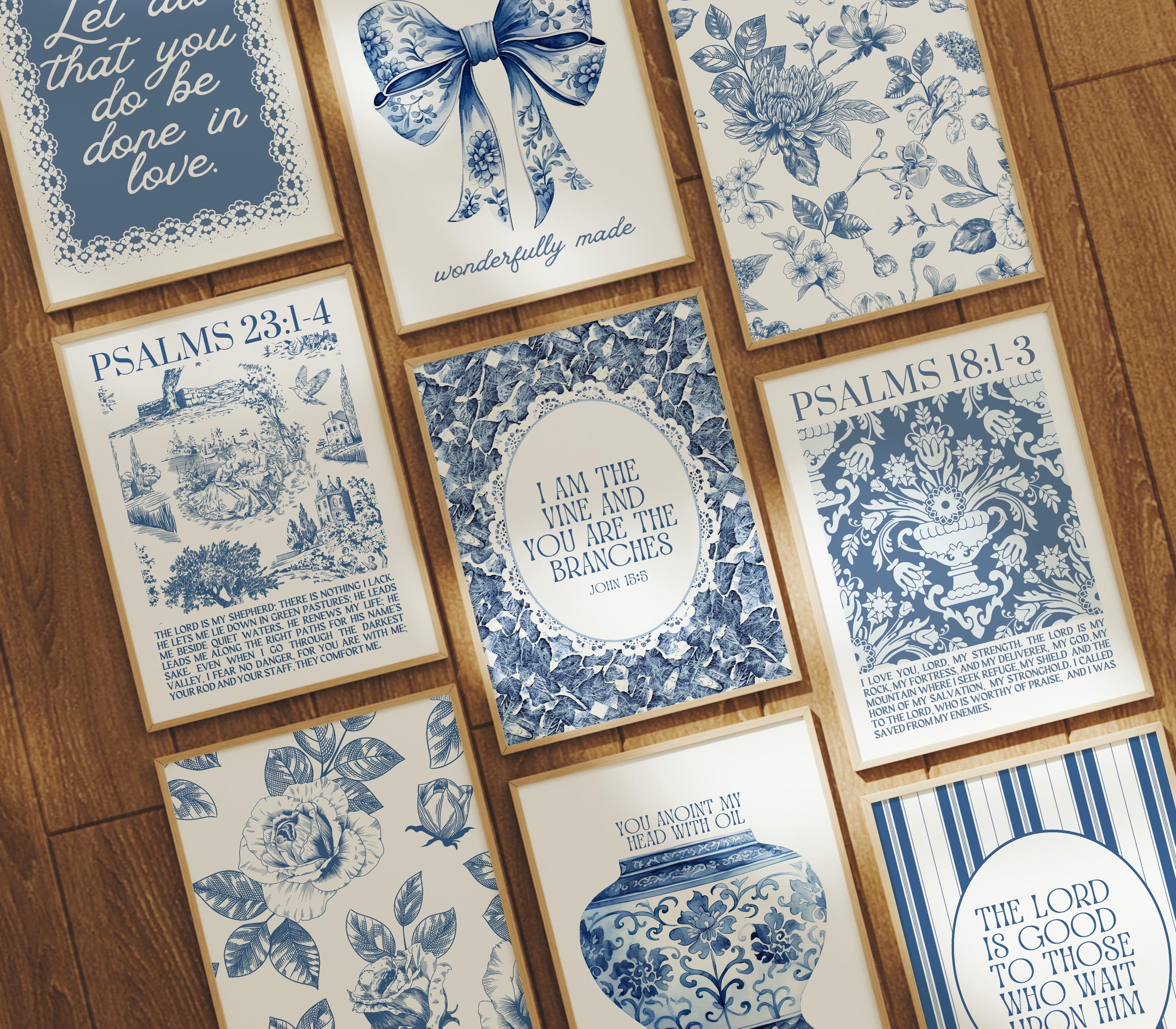 Set di 9 stampe murali cristiane alla moda: stampe murali Blue Coquette, stampe minimaliste di versetti biblici, stampe chinoiserie, stampe murali per