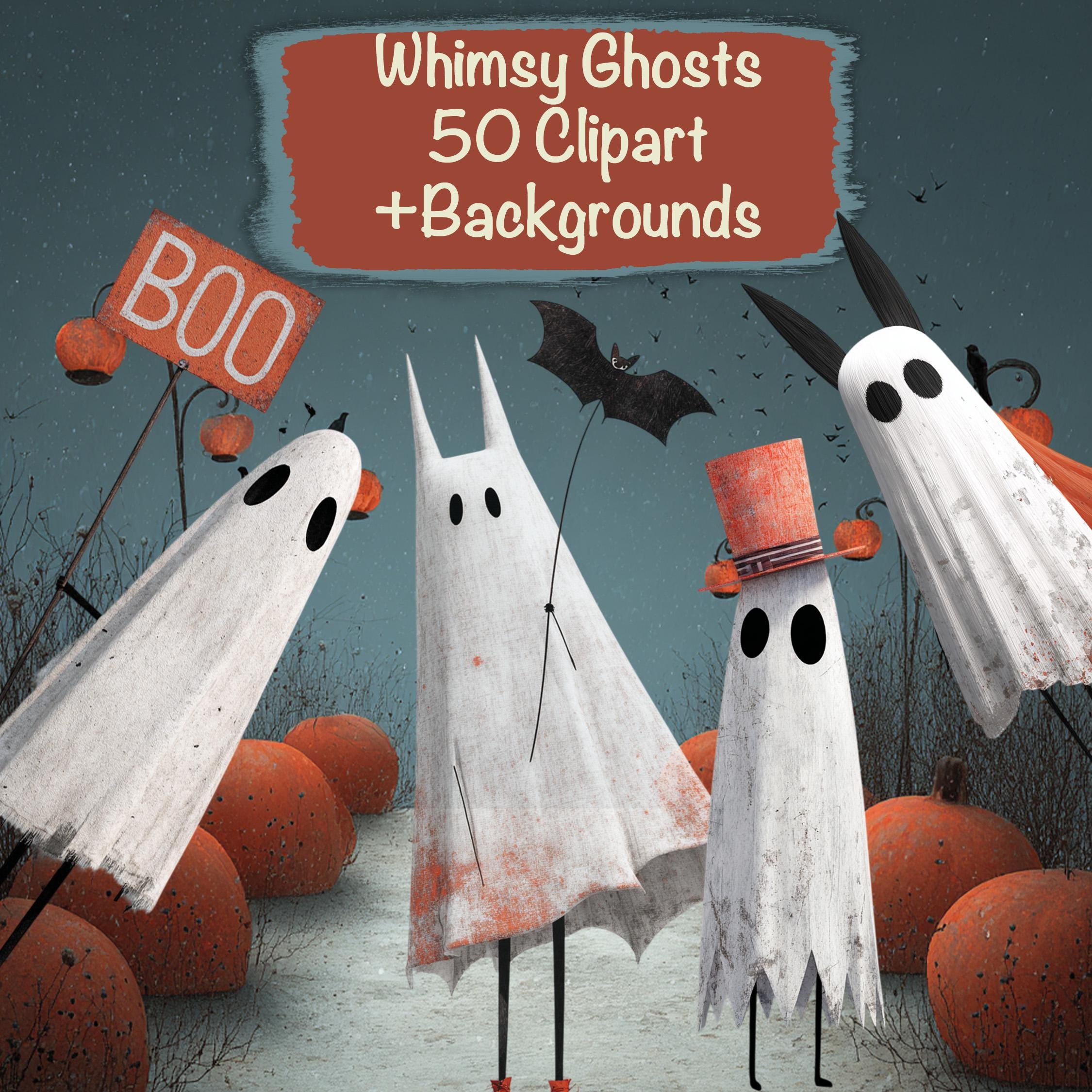 Whimsy Ghosts 50 Clipart + 15 Sfondi, Creazione di biglietti fai da te, Forniture per Junk Journal, Kit per scrapbooking, Uso commerciale!