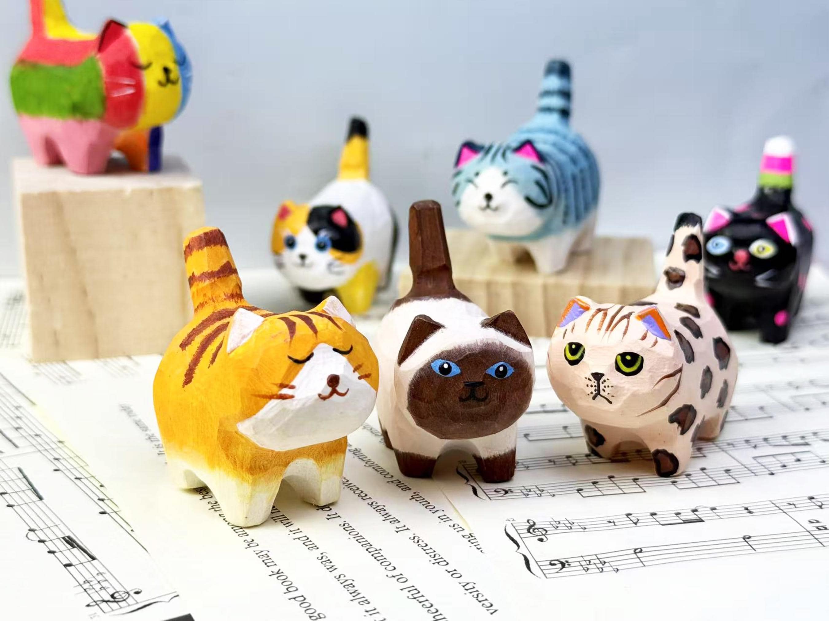 7 stili di decorazioni in legno a forma di gatto, statuetta di cane in legno intagliata a mano, regalo a forma di gatto, mini statuetta di animale in