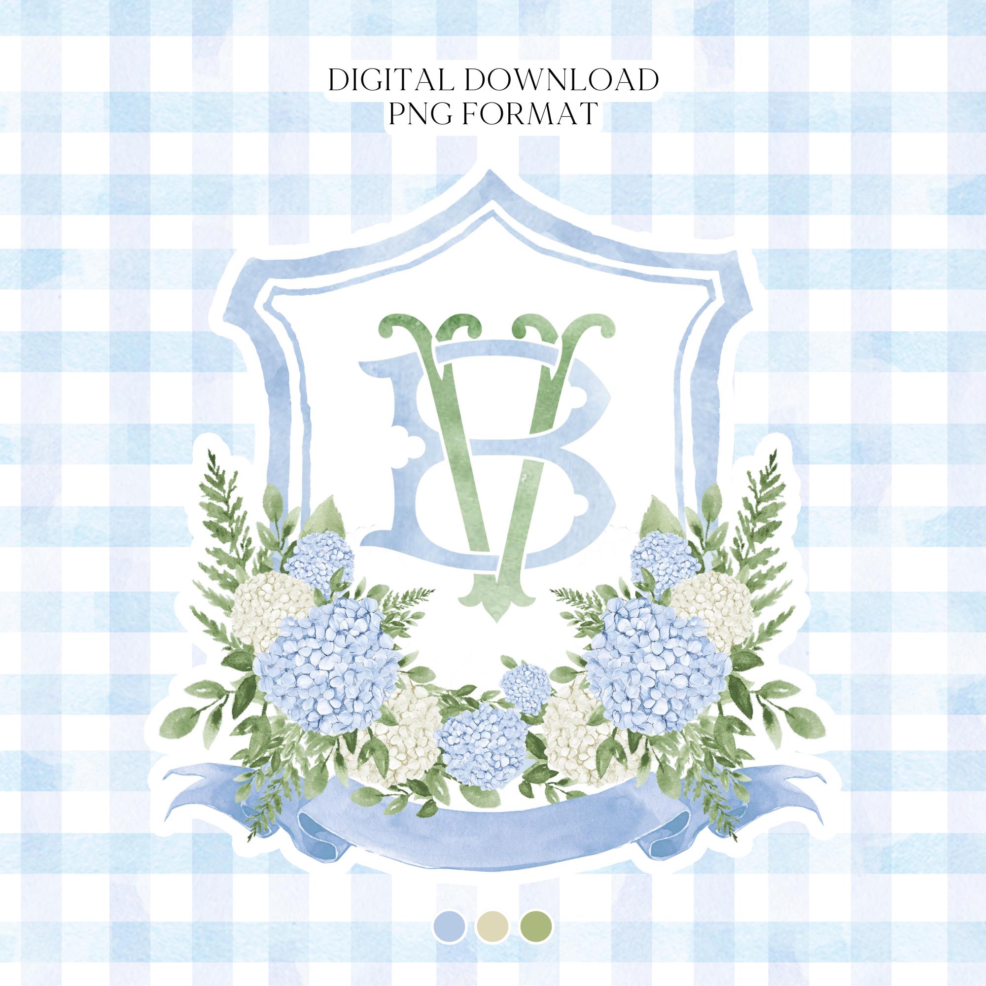 Stemma nuziale con fiori di ortensia bianca e blu - Stemma monogramma - Stemma nuziale con fiori di ortensia di lusso in acquerello - Stemma nuziale r