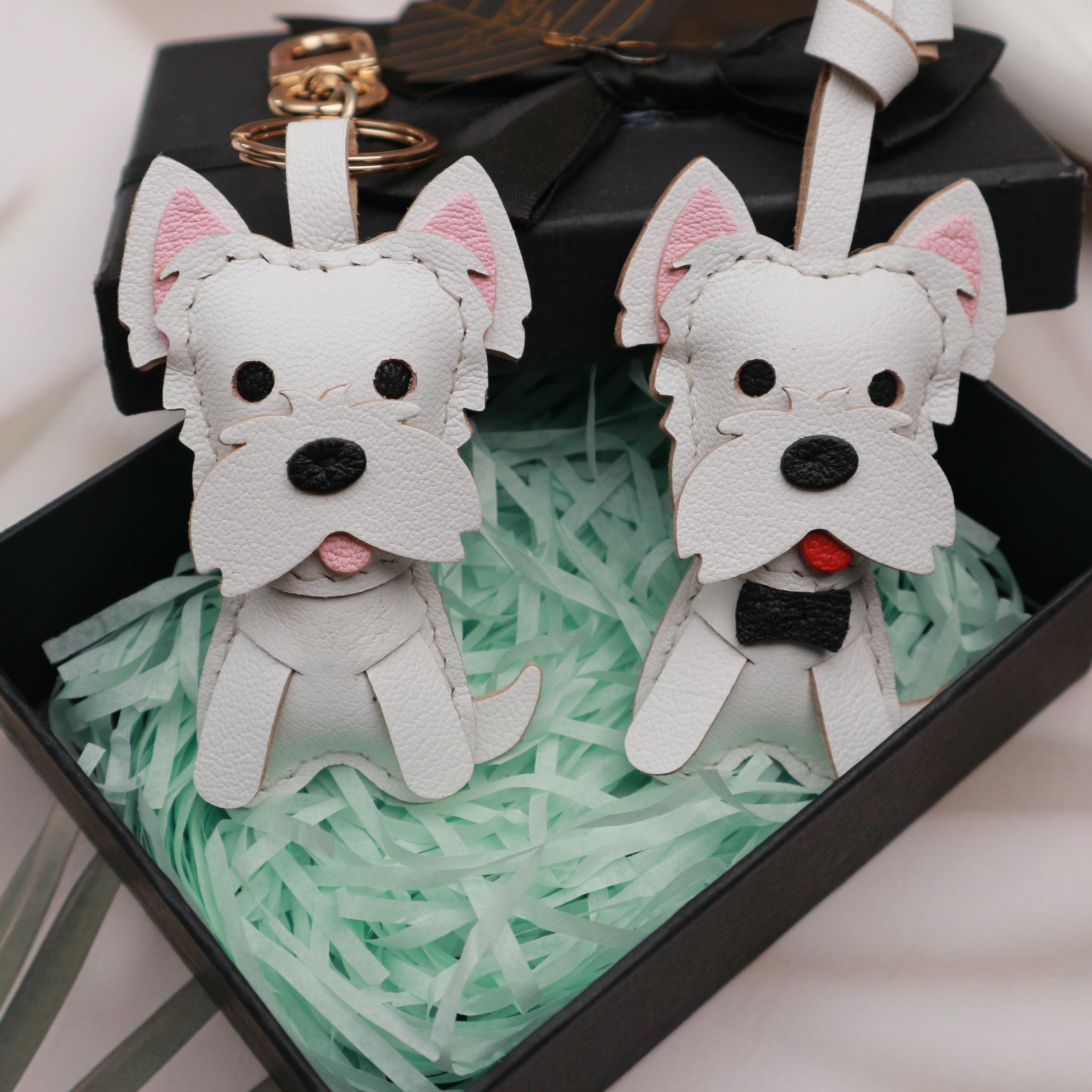 Ciondolo per borsa in pelle a forma di Westie, ciondolo per borsa fatto a mano a forma di cane Westie, grazioso ciondolo per borsa in pelle a forma di