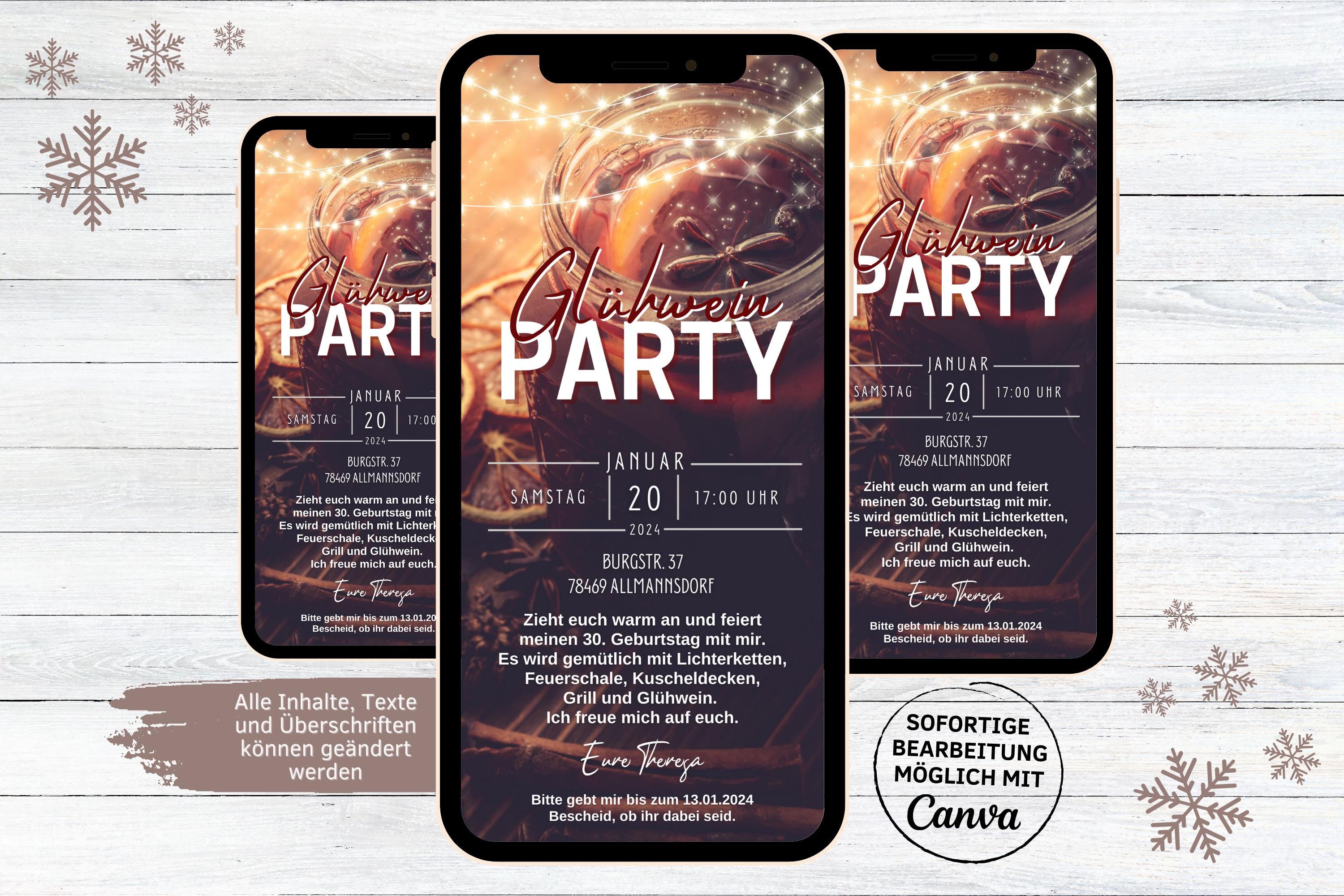 eCard invito per festa del vin brulé, biglietto d'invito digitale per festa del vin brulé su WhatsApp, biglietto d'invito animato personalizzabile per
