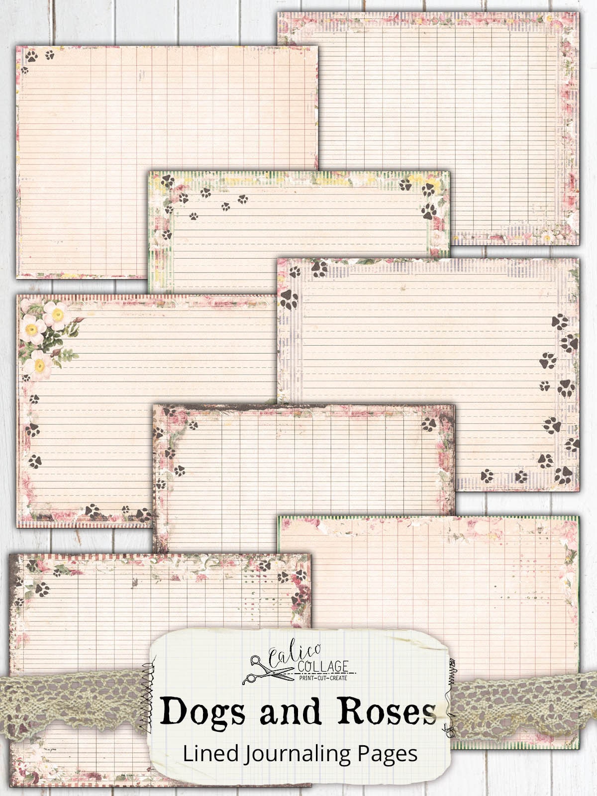 Dog Junk Journal Lined Journaling Pages, Journal Supplies, Cani e rose, Vintage Dog Ephemera, Junk Journal Kit, Rose Ledger Collage Sheet
