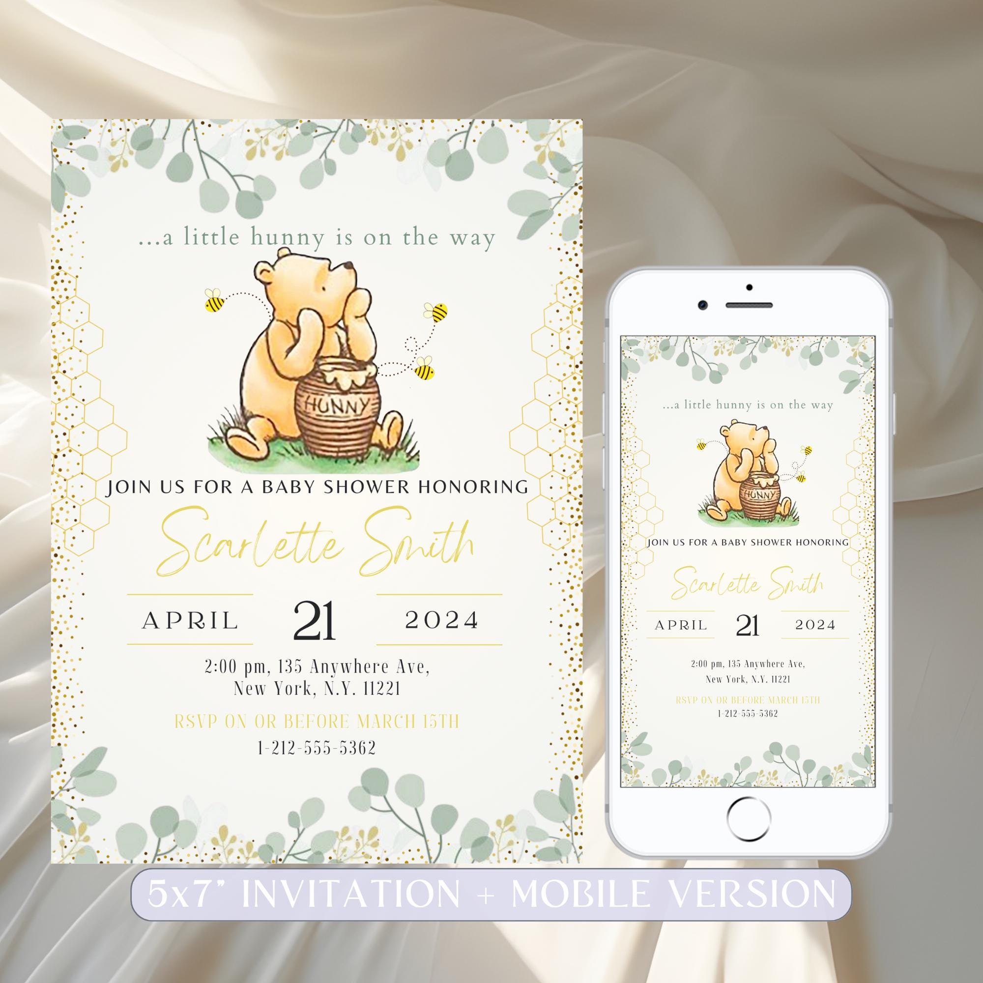 Invito classico per baby shower a tema Winnie the Pooh, invito per baby shower a tema Winnie the Pooh, invito per baby shower unisex, modello modifica