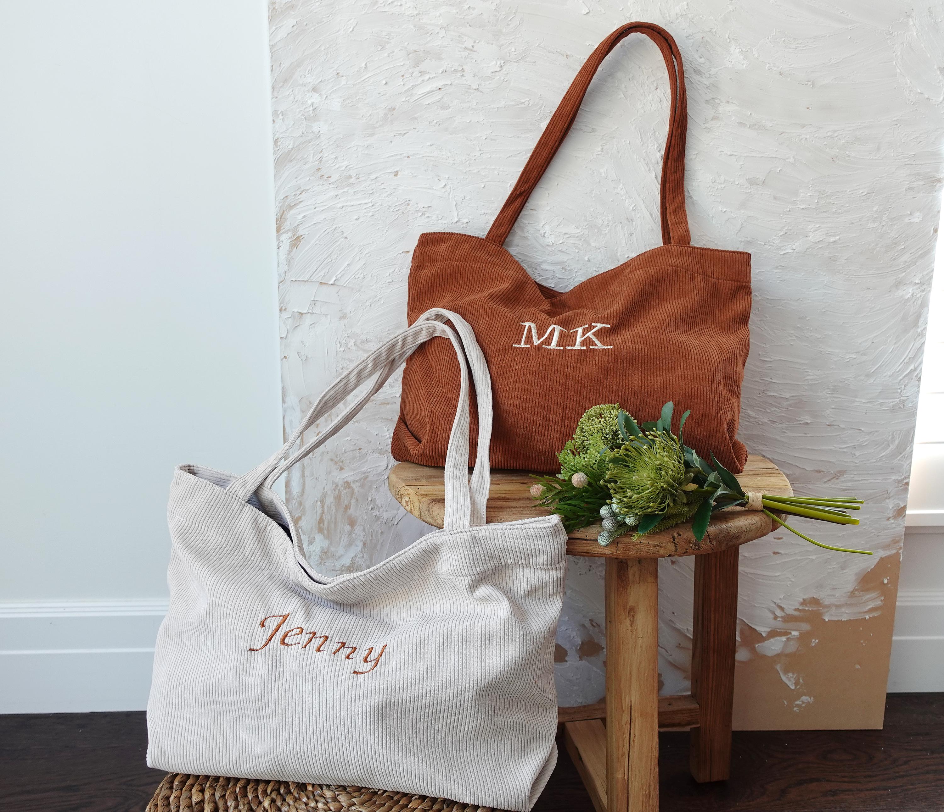 Borsa tote in velluto a coste personalizzata con ricamo - Borsa tote personalizzata, regalo con nome, borsa a tracolla morbida per donna, borsa da dam