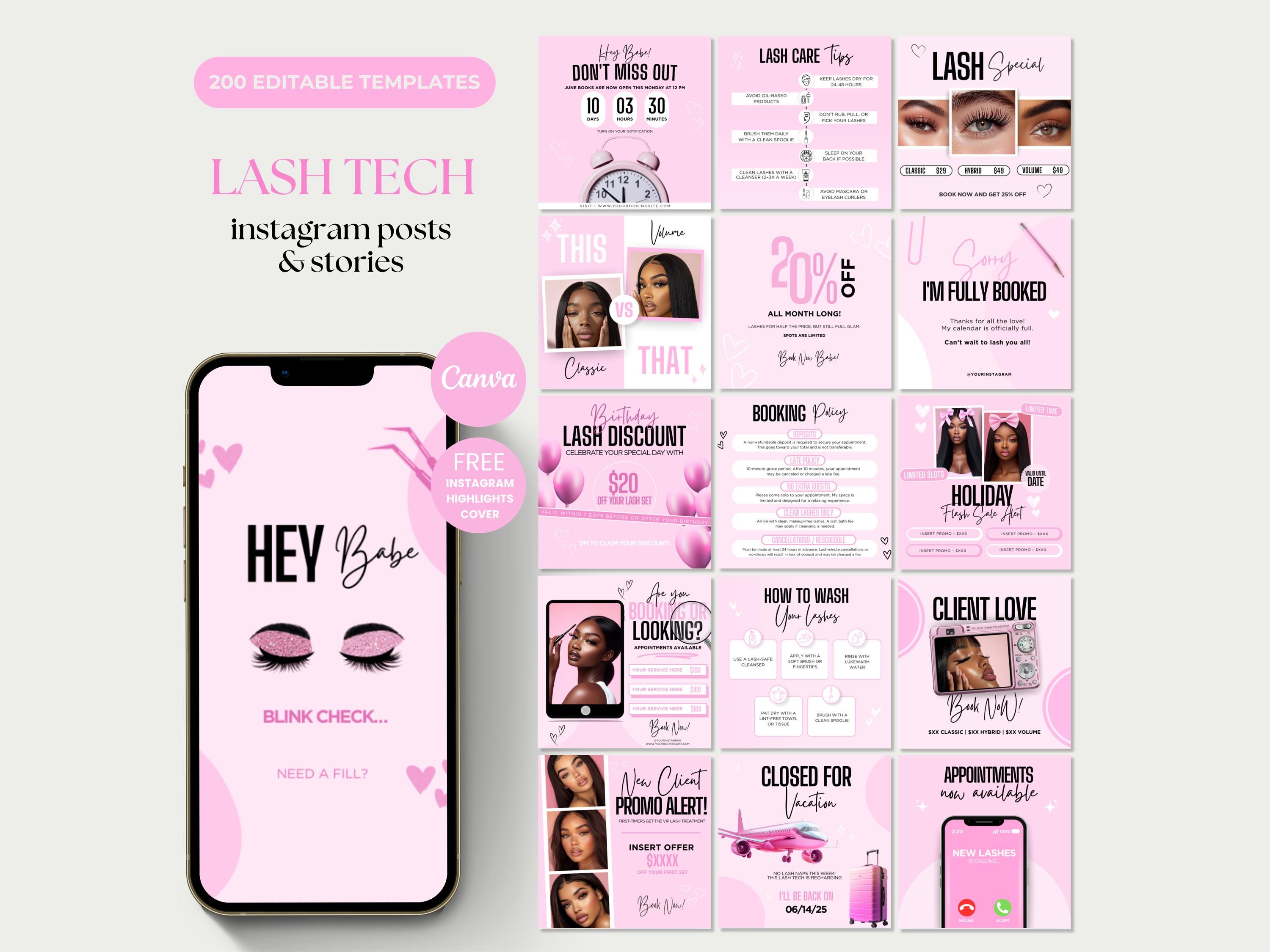 Modello Instagram per post Lash Tech, modello Canva per post Instagram per artisti delle ciglia, modello Canva per post sui social media per artisti d