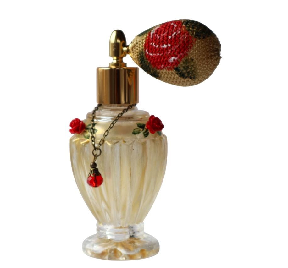 Bottiglia di profumo in vetro dorato vintage con atomizzatore a forma di rosa, decorazione romantica per la camera da letto con motivi floreali