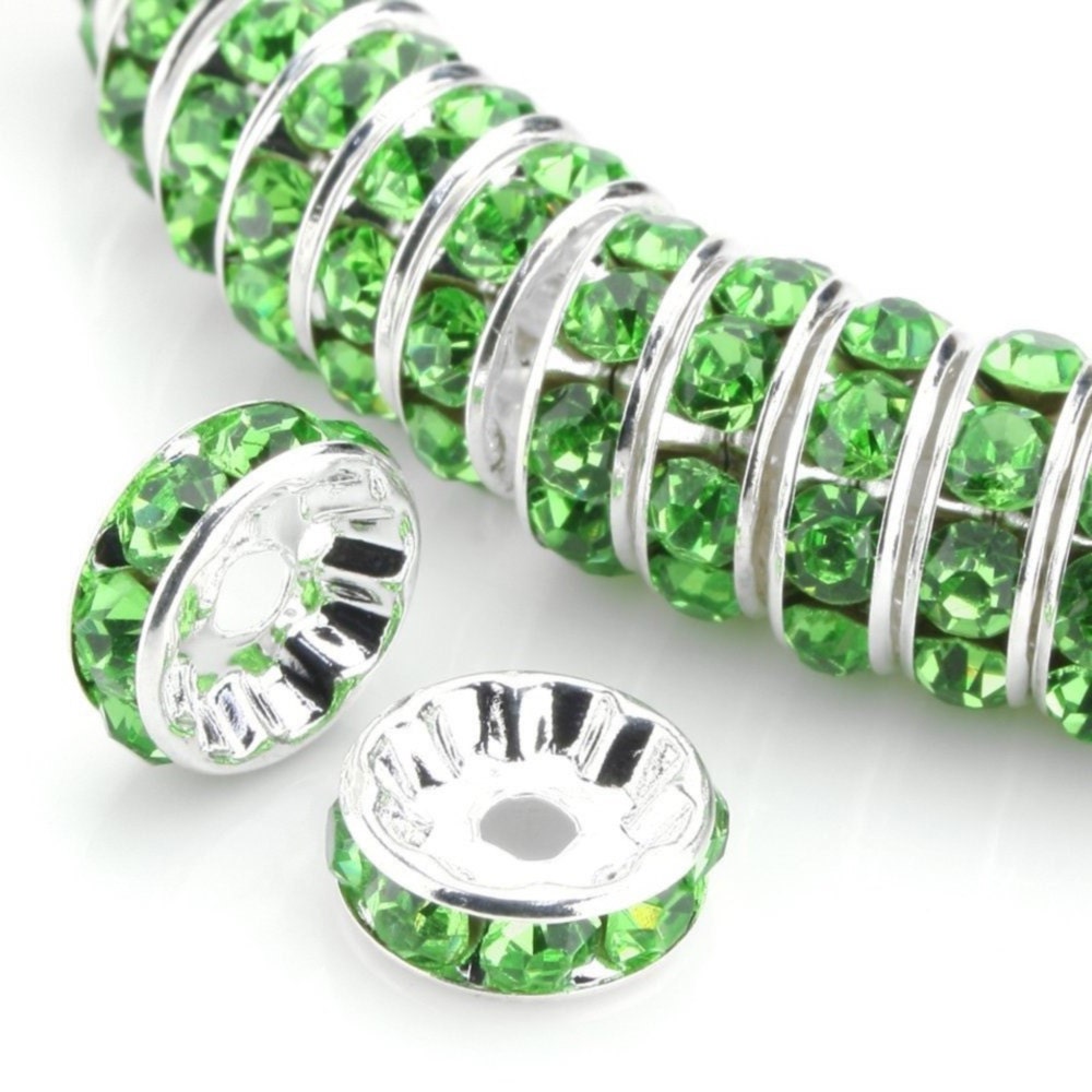 Scegli 100 pezzi/200 pezzi di perline distanziatrici rondelle in cristallo di strass argento di qualità A, verde peridoto, da 5 mm, 6 mm, 8 mm, 10 mm
