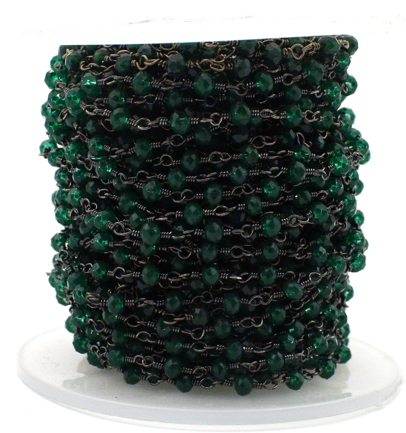 Rosary Beaded Chain, Emerald Green Hydro Rondelle Faceted, 3mm, Black Plated Wire Wrapped Chain, Bulk Roll, Hand Making Chain, Finding