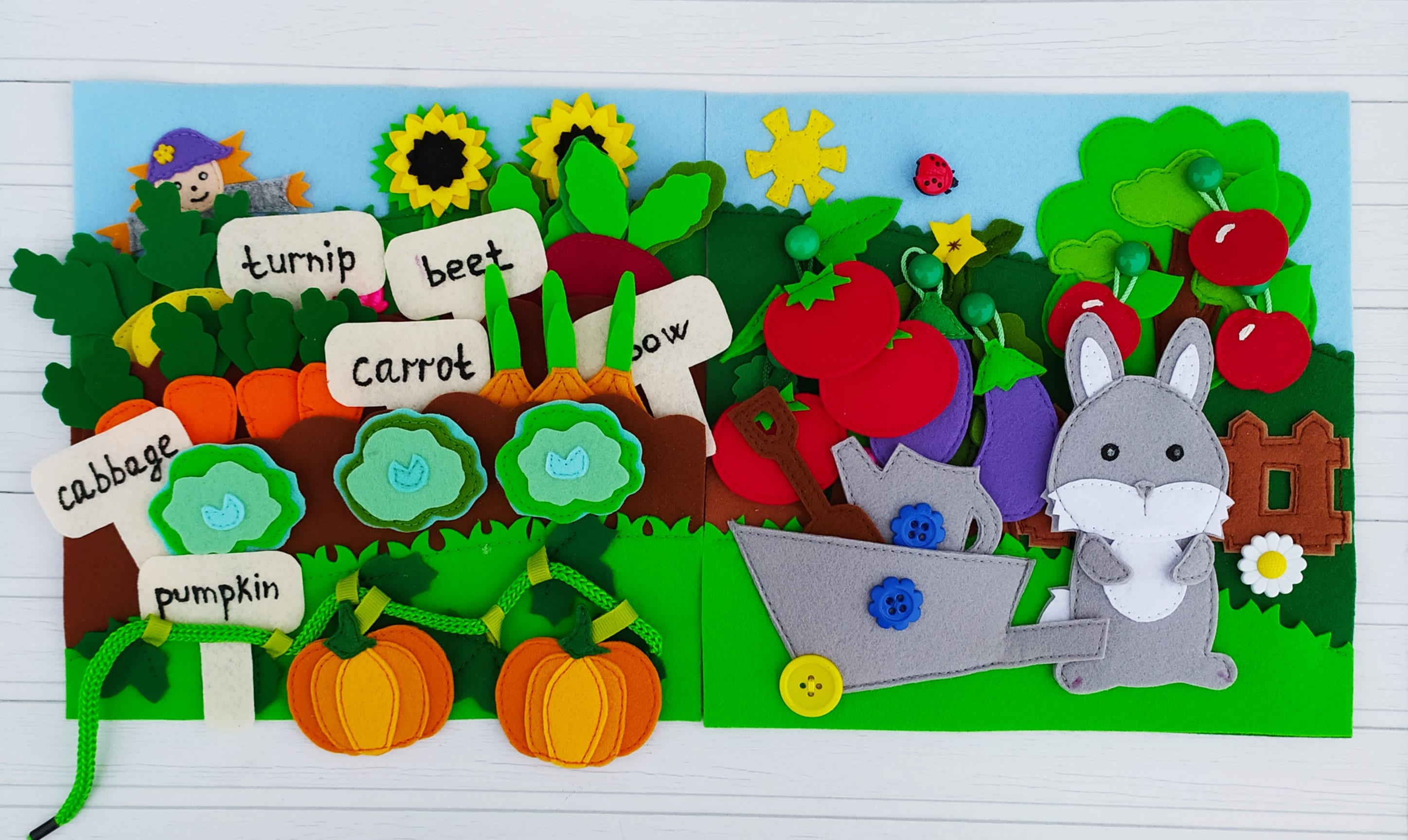Modello per libro tattile a tema giardino, modello per libro in feltro, modello di ortaggio in feltro per bambini, idee per cucire libri Montessori mo