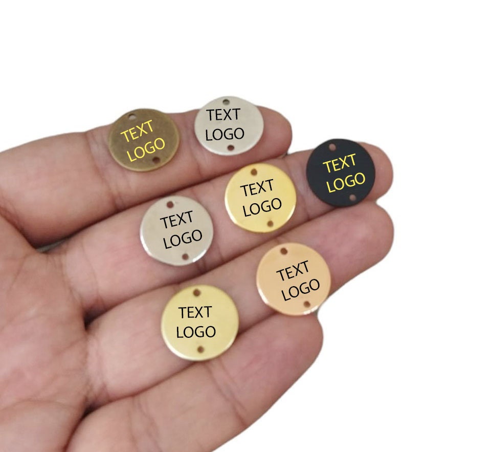 Tag inciso al laser personalizzato, tag personalizzato per gioielli, tag logo personalizzato rotondo a 2 fori, 16 mm x 0,8 mm (spessore), risultati