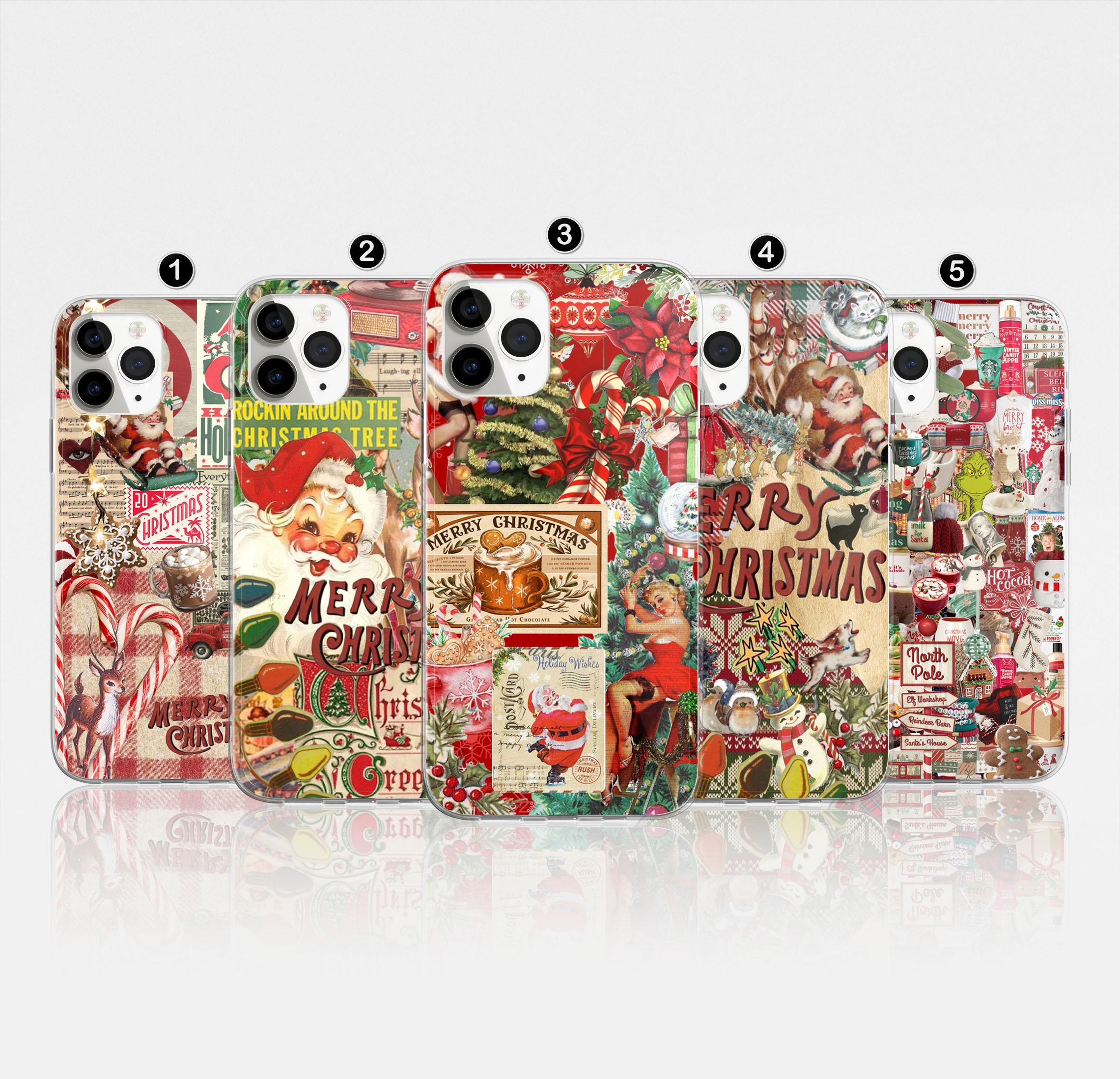 Cover per telefono con collage natalizio, estetica natalizia retrò, cover natalizia