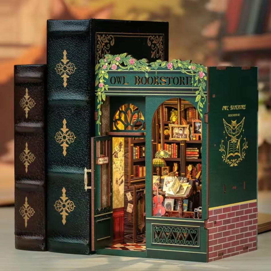 Libreria gufo fai da te, angolo per libri, inserto per libreria, copertura antipolvere, arredamento in legno, casa delle bambole in miniatura, puzzle