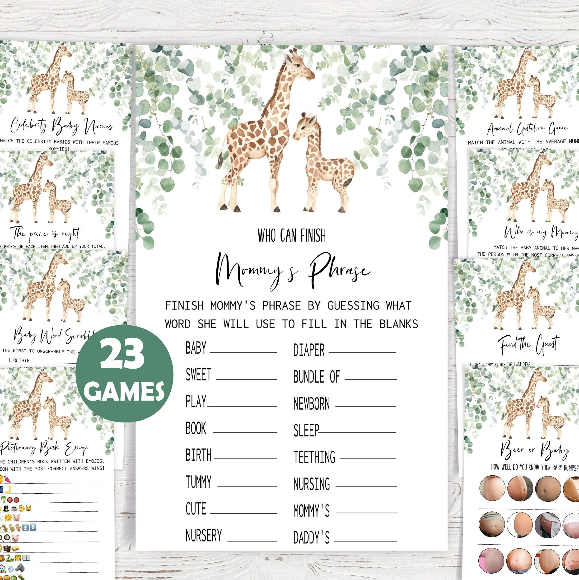 Gioco Baby Shower Safari,Giochi Baby Shower Giraffa,Pacchetto di giochi Baby Shower,Gioco Baby Shower stampabile,23 giochi Baby Shower inclusi