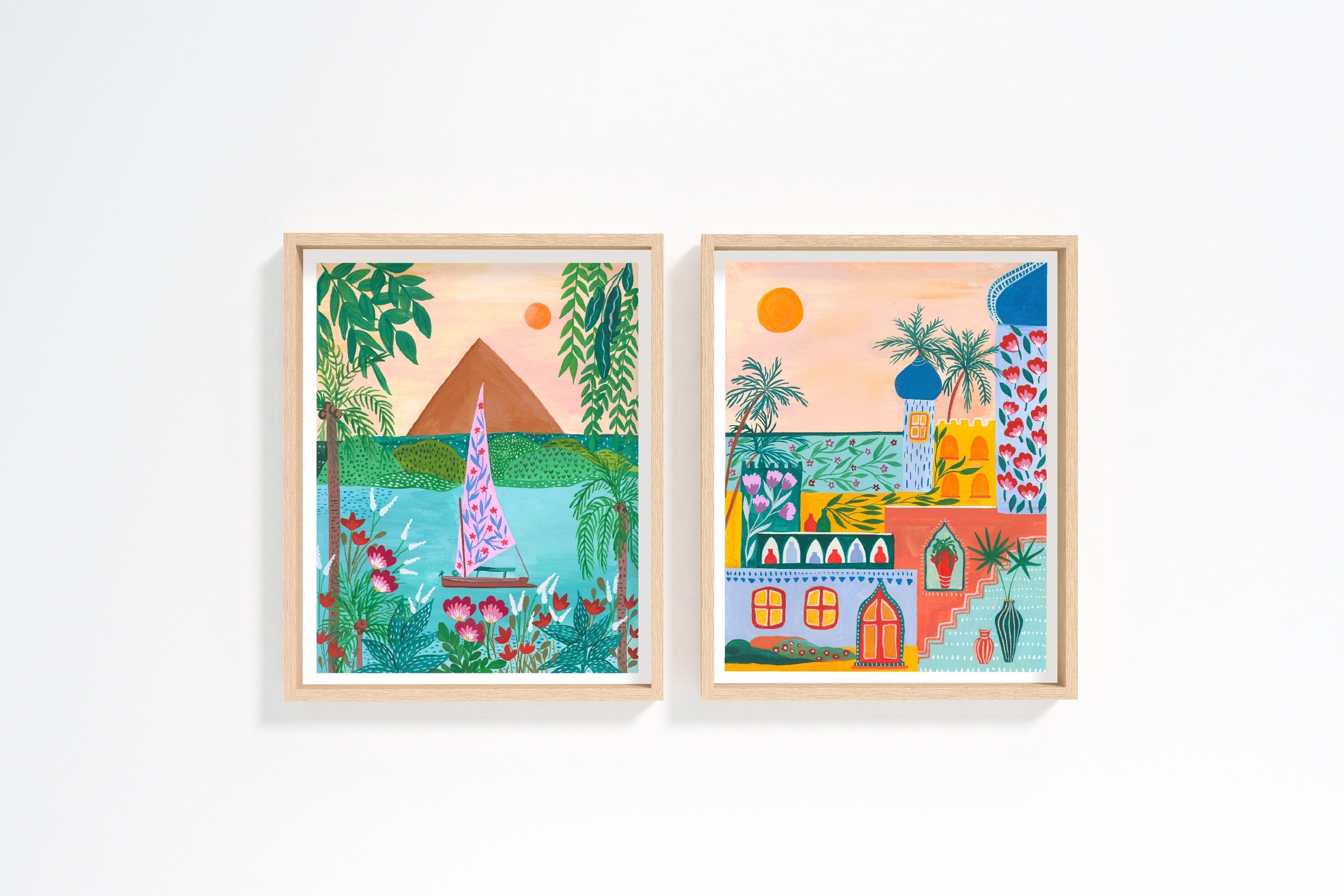 Set di 2 stampe da viaggio, stampa d'arte in Egitto, stampa d'arte colorata, set di 2 opere d'arte murale, stampa d'arte per gatti, set di stampe sul