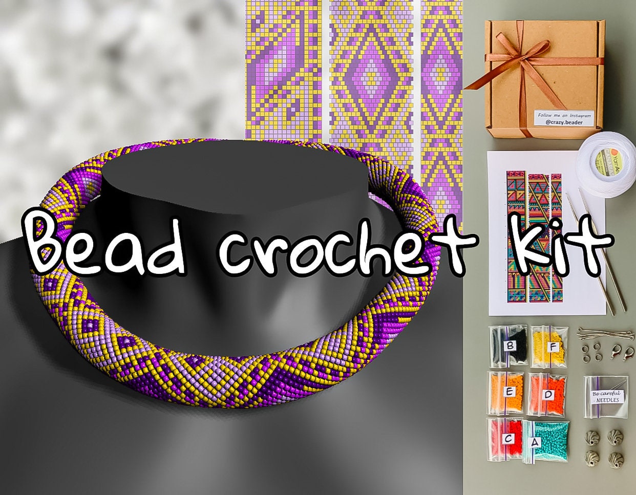 Kit fai da te per collana di perline all'uncinetto in pizzo viola - Come realizzare una collana di perline - Perline all'uncinetto singolo - Schema pe