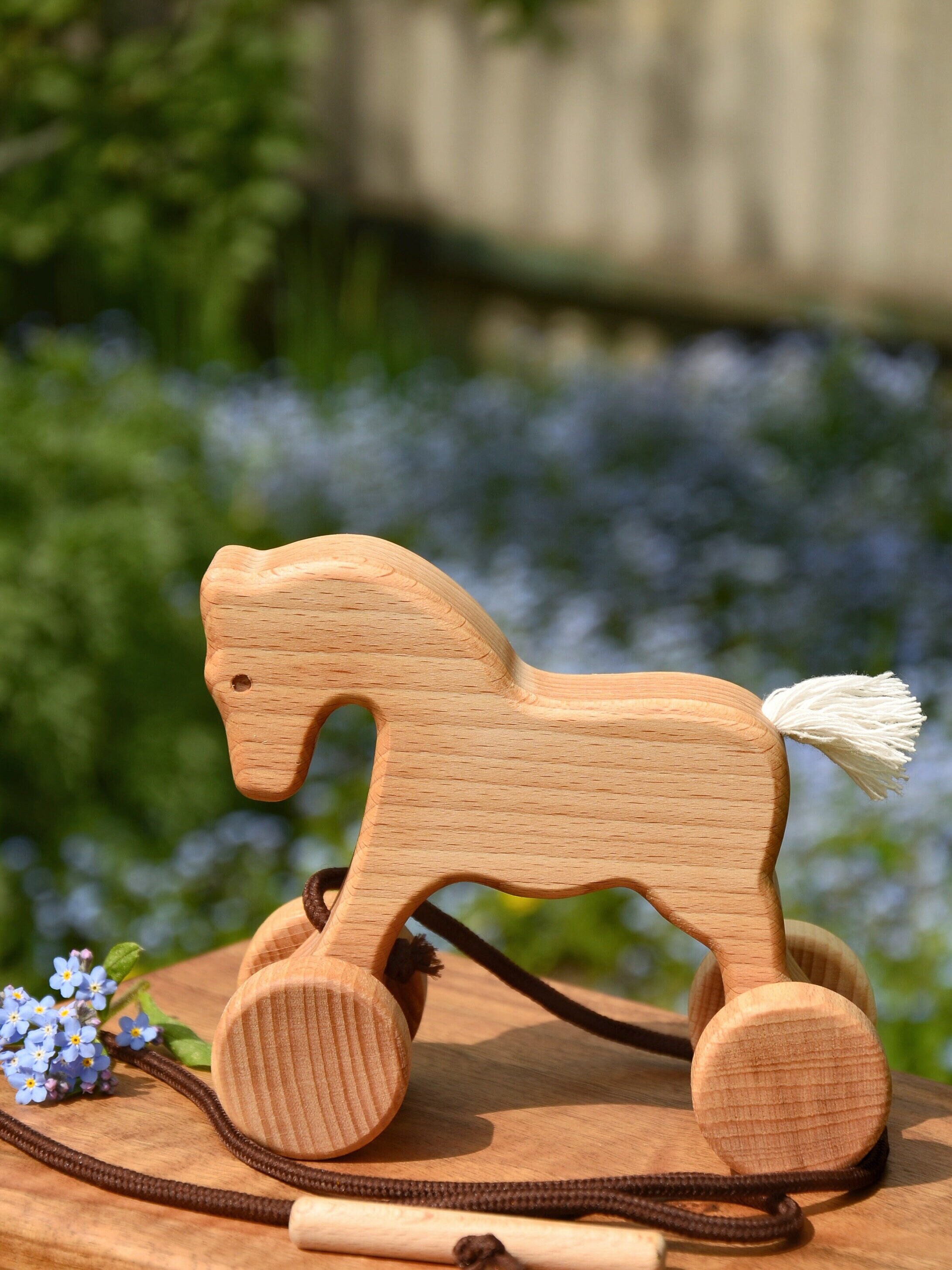 Giocattolo in legno a forma di cavallo da tirare e spingere, animale su ruote per bambini piccoli, giocattolo educativo sensoriale Montessori Waldorf