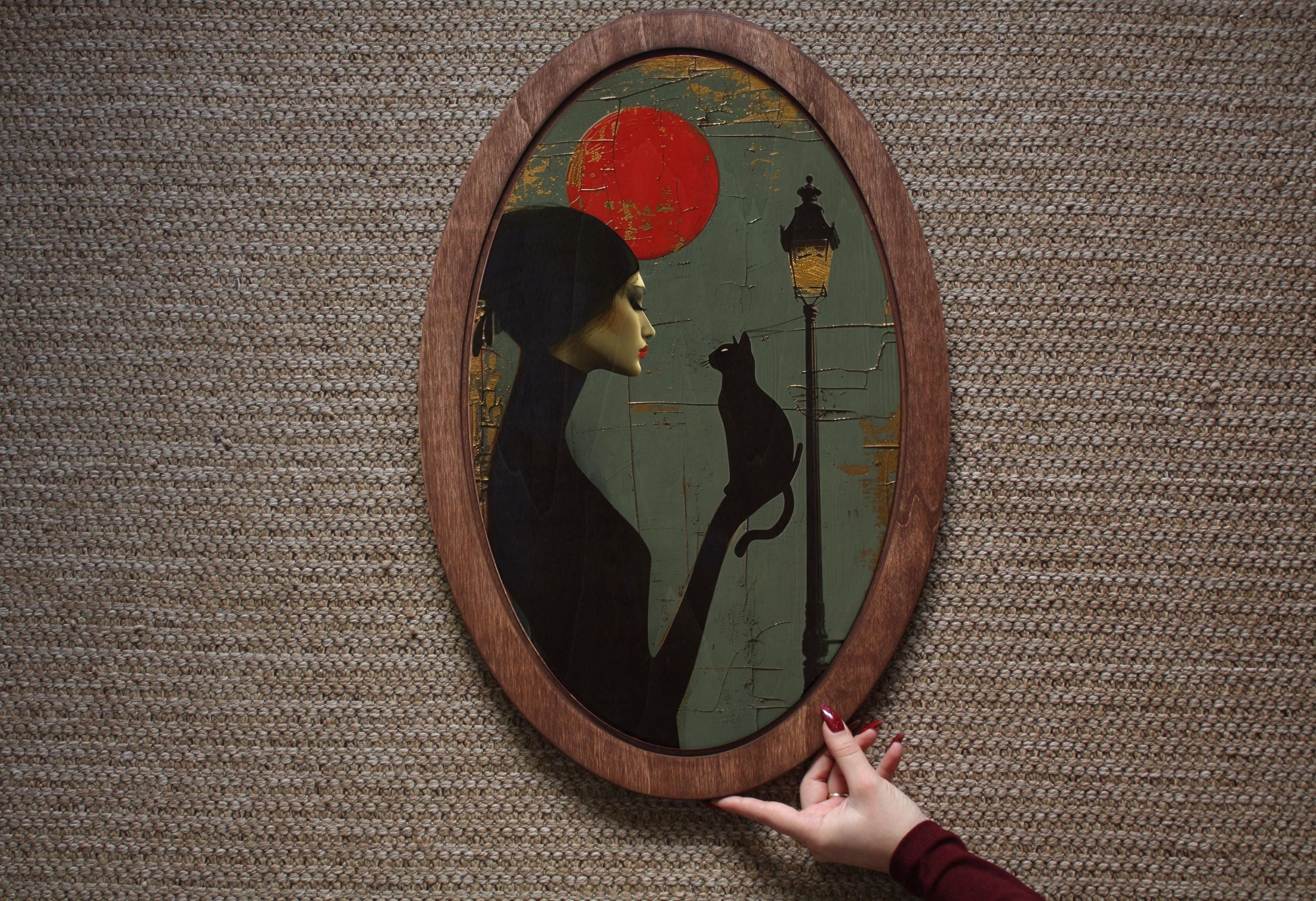 Quadro con gatto nero, targa da parete, targa in legno, arte murale vintage, arte ovale con animali, arte murale ovale, decorazione murale vittoriana,