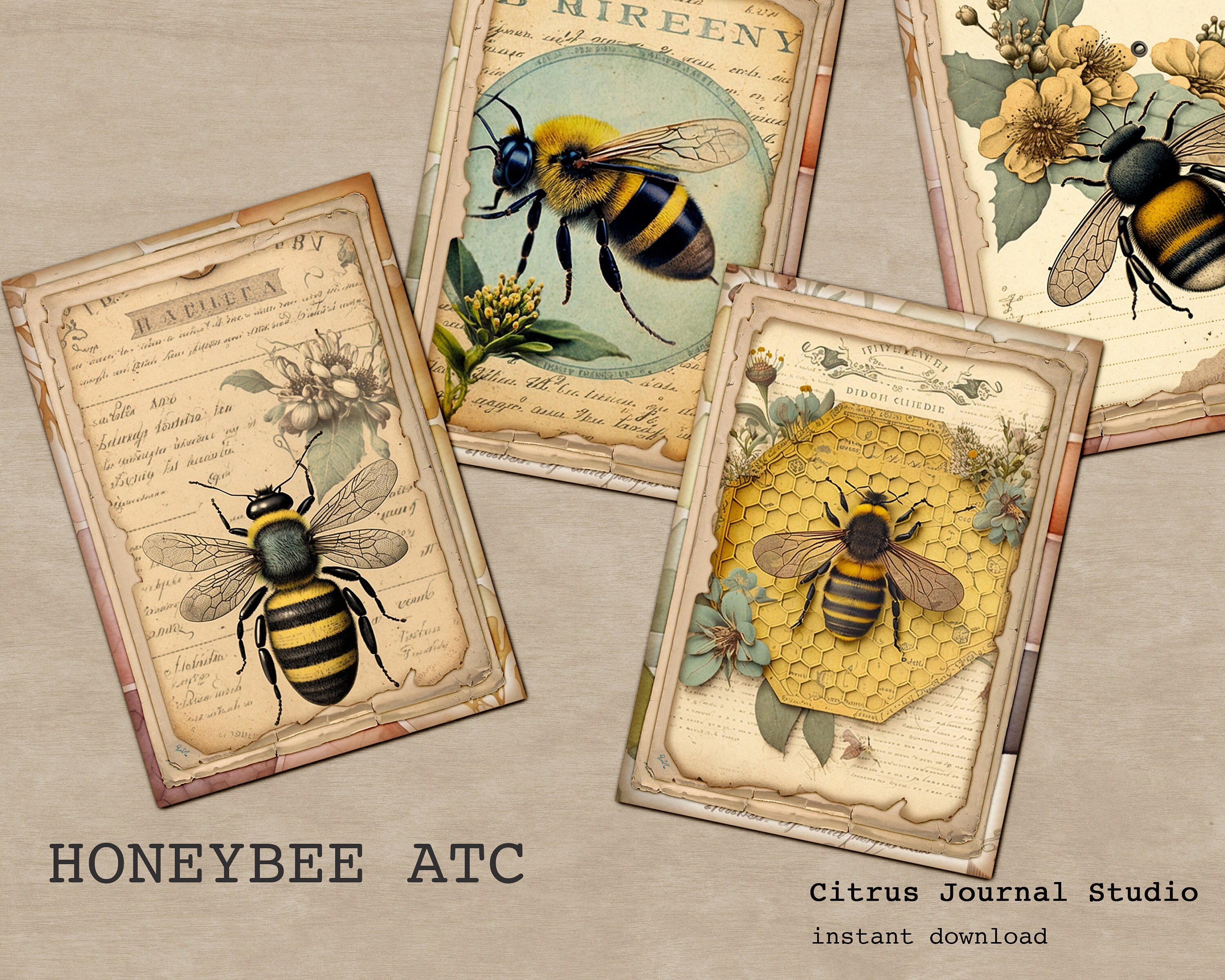 Honey Bee ATC, Vintage Ephemera, Junk Journal Tags, Busy Bee, Bumble Bee, Bee Label, Bees Ephemera, Tag dell'apicoltore, Nido d'ape, Inserto del diari