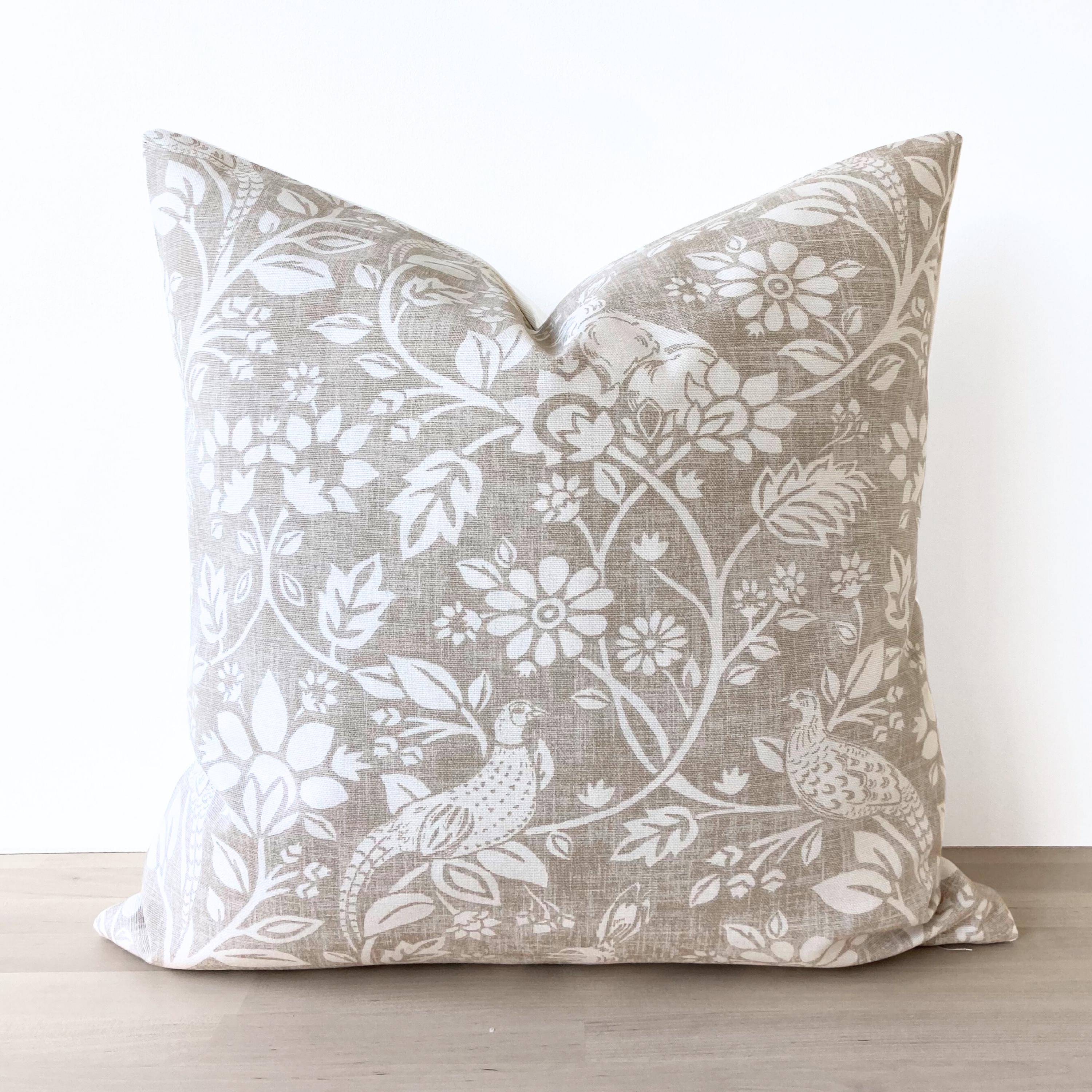 Fodera per cuscino floreale beige talpa, cuscino decorativo floreale neutro, cuscino floreale tortora, lino floreale beige talpa, fodera per cuscino f
