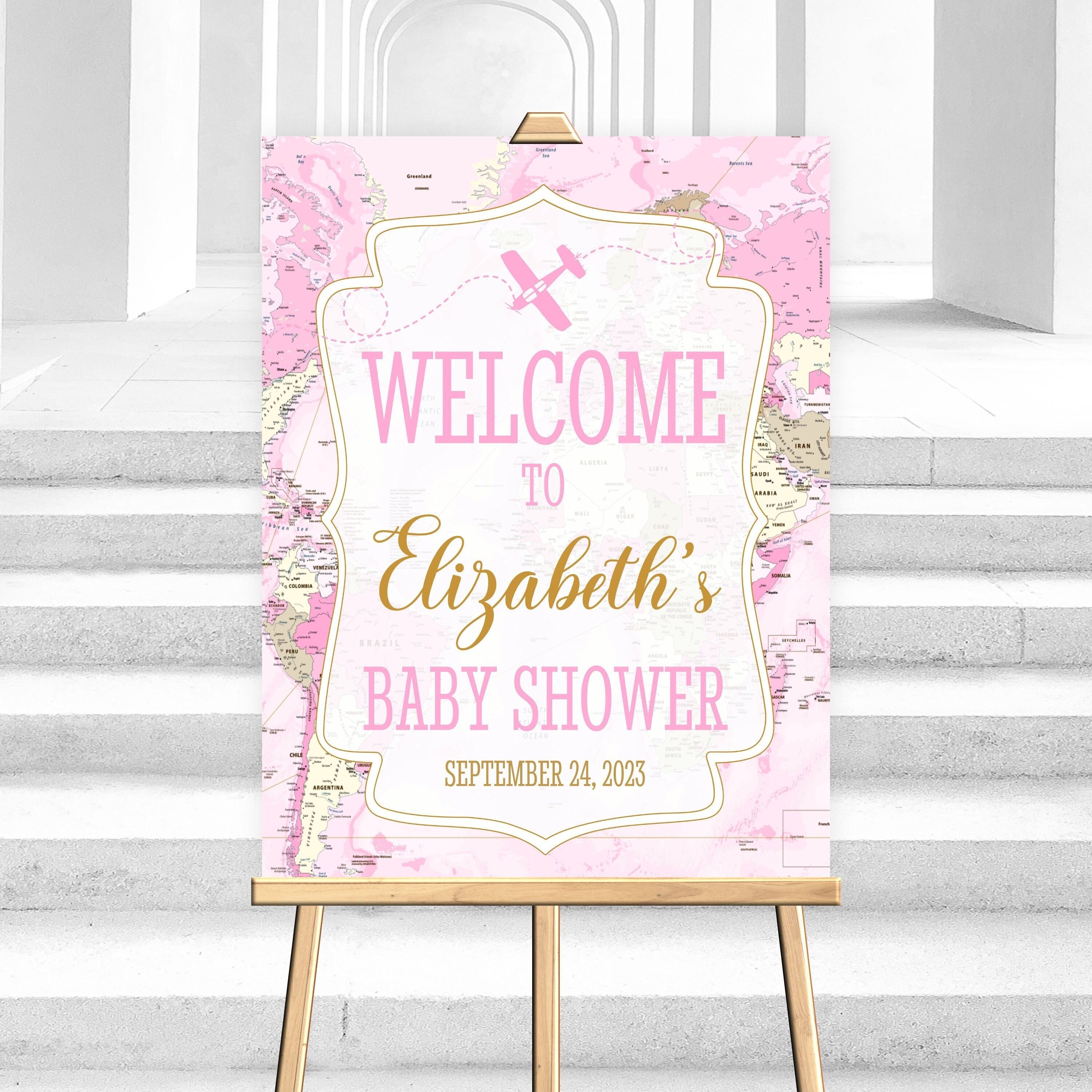 Cartello di benvenuto da viaggio modificabile Party Pink Girl Adventure Mappa dell'aeroplano Baby Shower Benvenuto Baby Shower Decor Sign Modello Corj