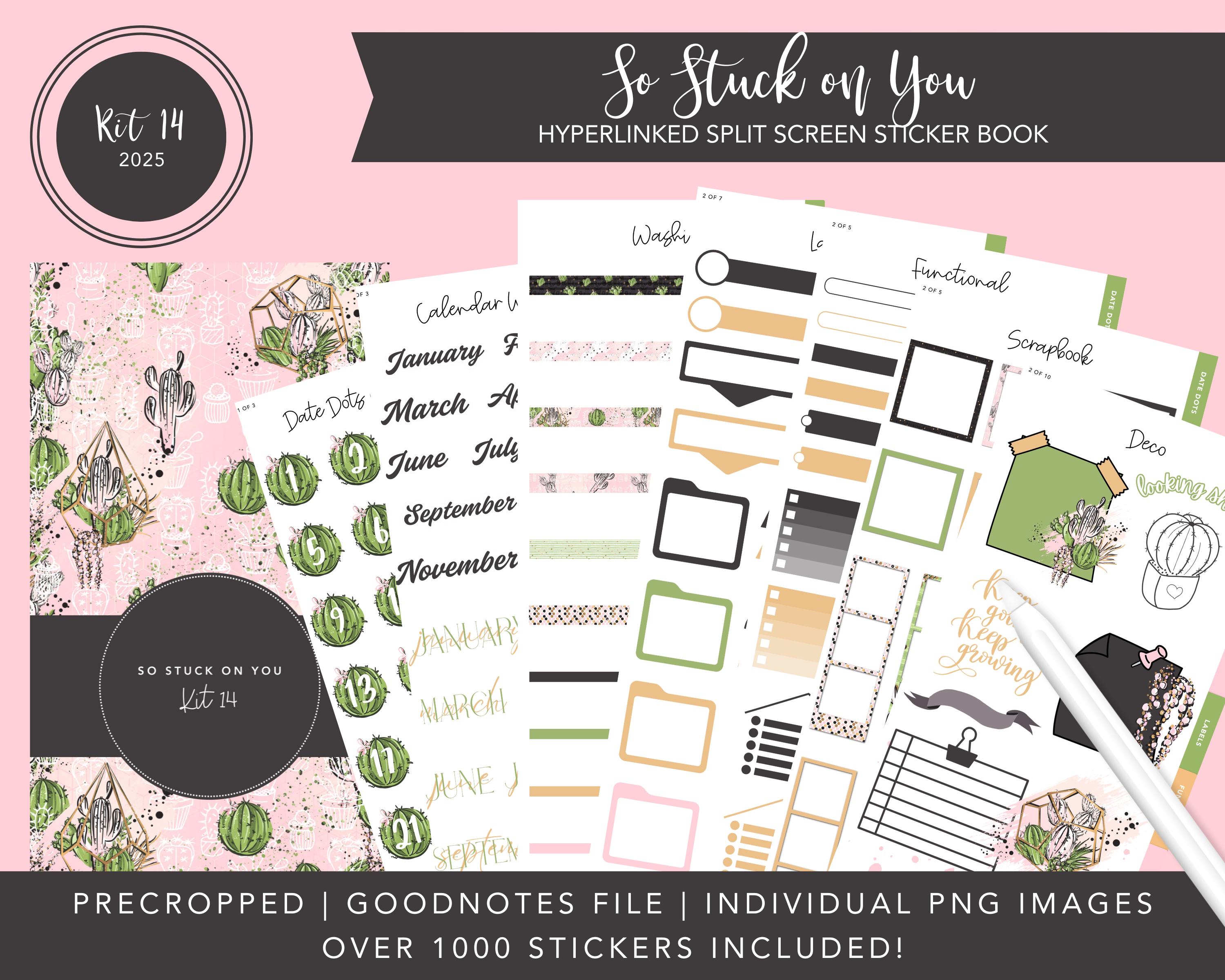 Kit 2025 14 Split Screen Sticker Book / So Stuck on You / Adesivi Cacti / Oltre 1000 adesivi digitali / Pretagliati / Goodnotes Noteful