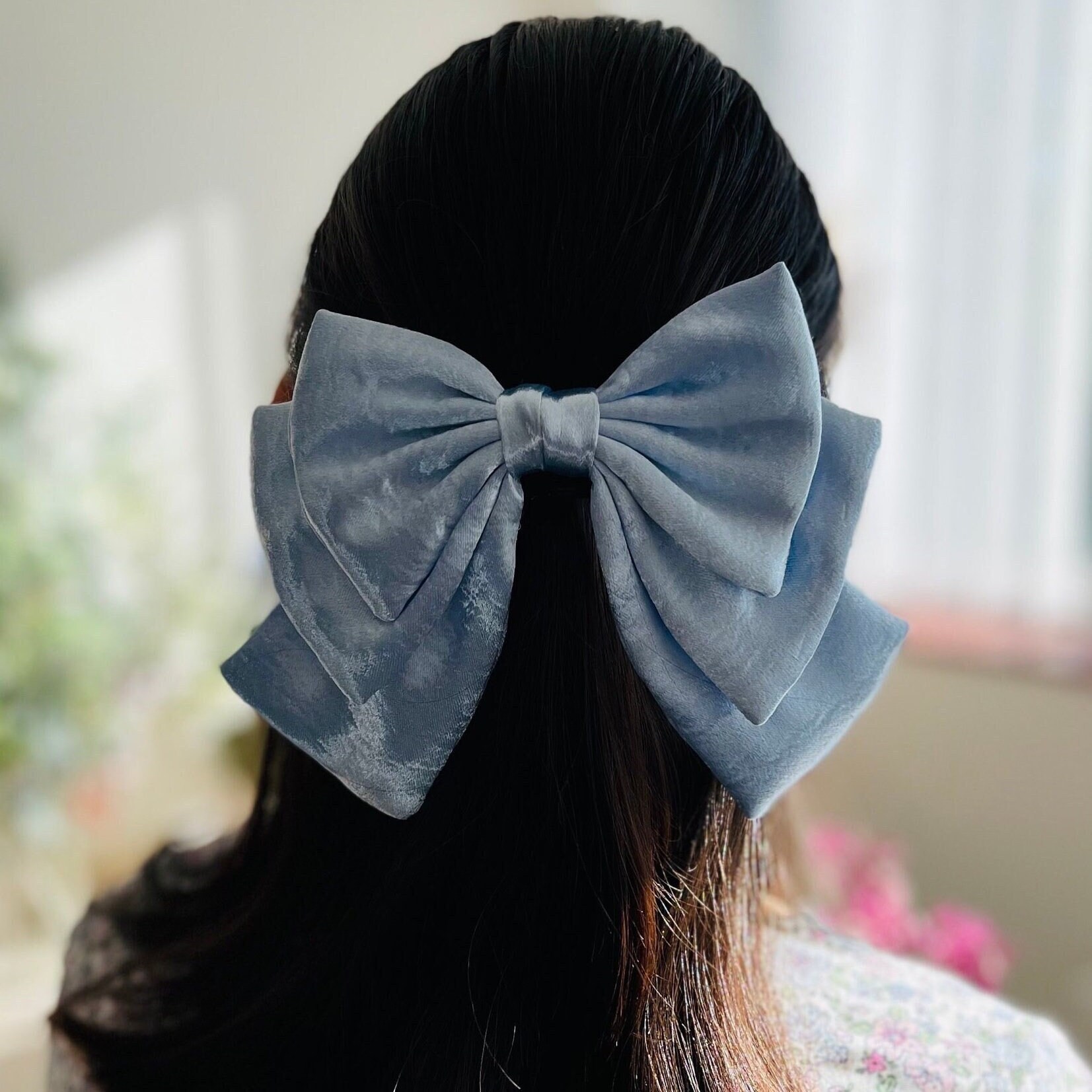 Fiocco per capelli in raso azzurro regalo di Natale per donna Fiocco per addio al nubilato Fiocco per capelli in raso blu lucido Fiocco a strati con f