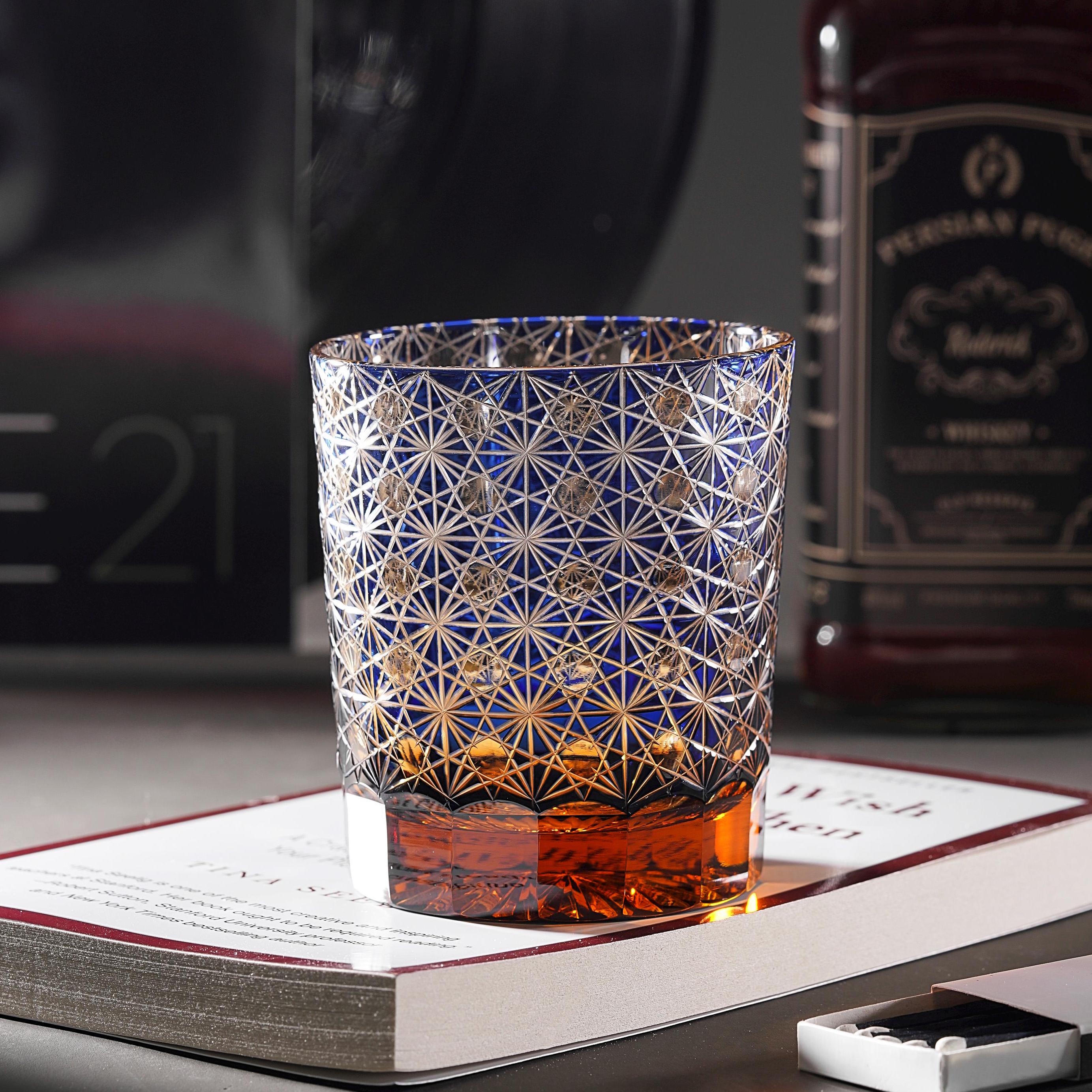 Bicchiere da whisky in cristallo Edo Kiriko tagliato a mano, bicchiere da cocktail Bourbon blu vintage, bicchieri in stile giapponese, bicchiere da vi