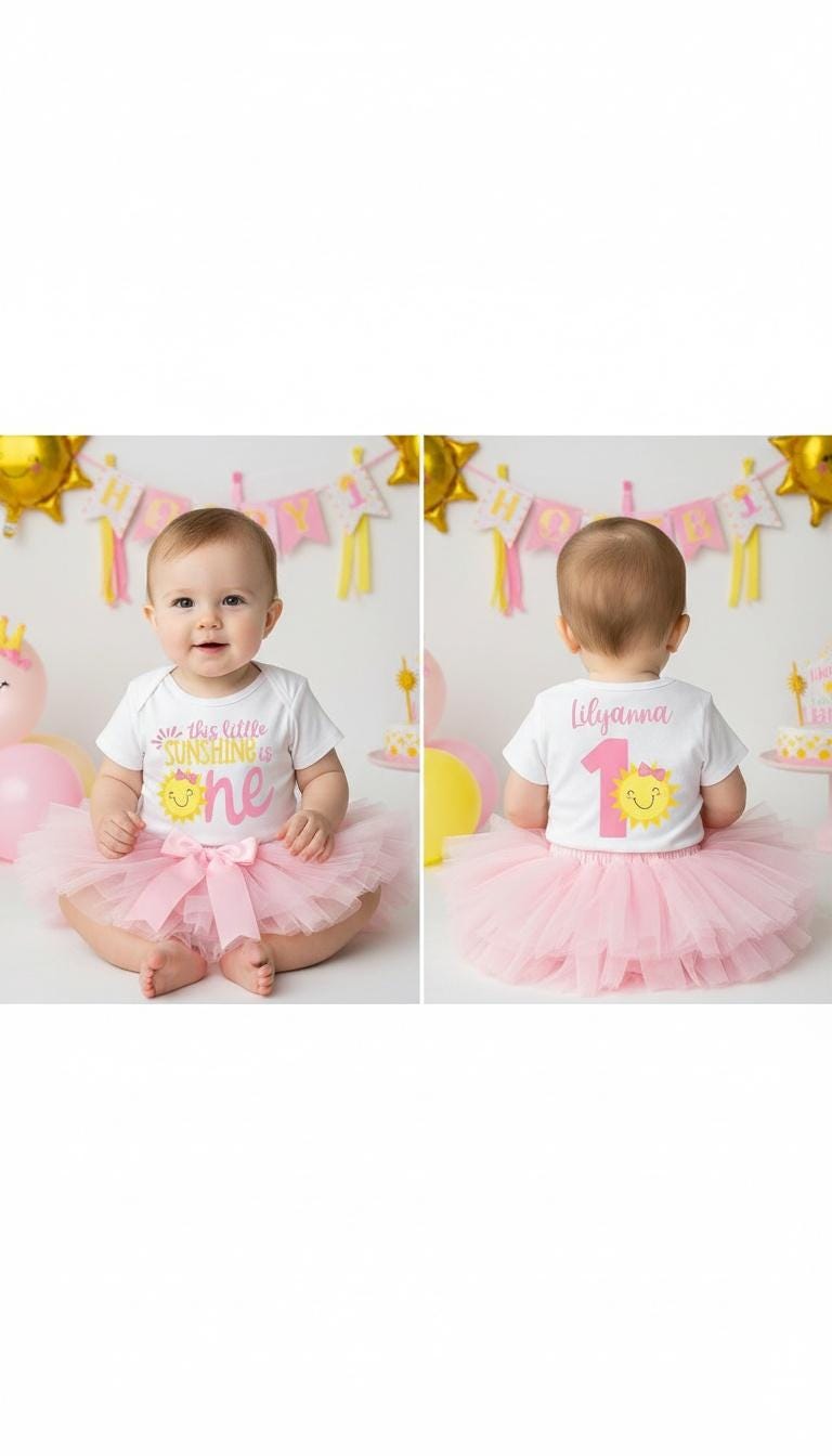 Bambina del primo compleanno - sei il mio sole, una bambina felice, primo giro in body a tema sole, rosa e giallo, bambina del primo compleanno a tema